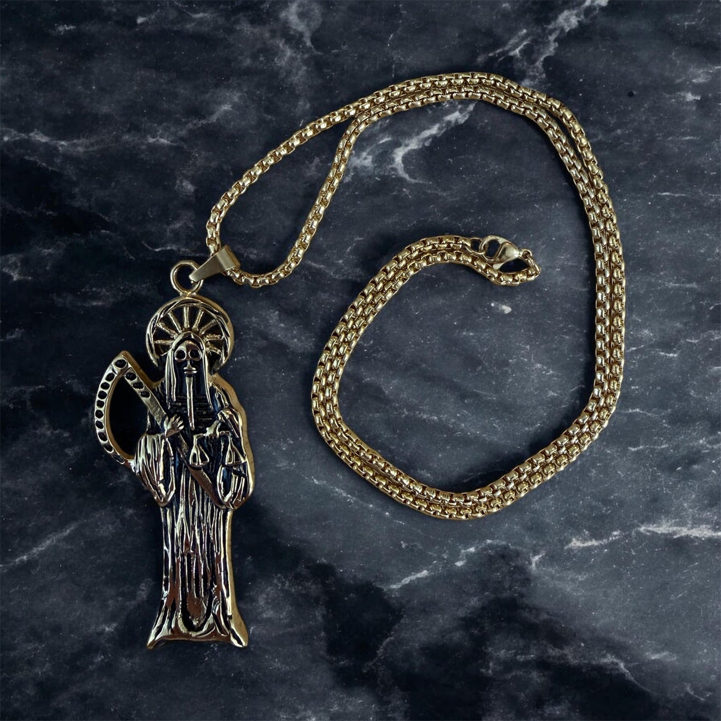 Santa Muerte Necklace + Protection + Money + Blessed + Love + Made in Mexico + Stainless Steel
