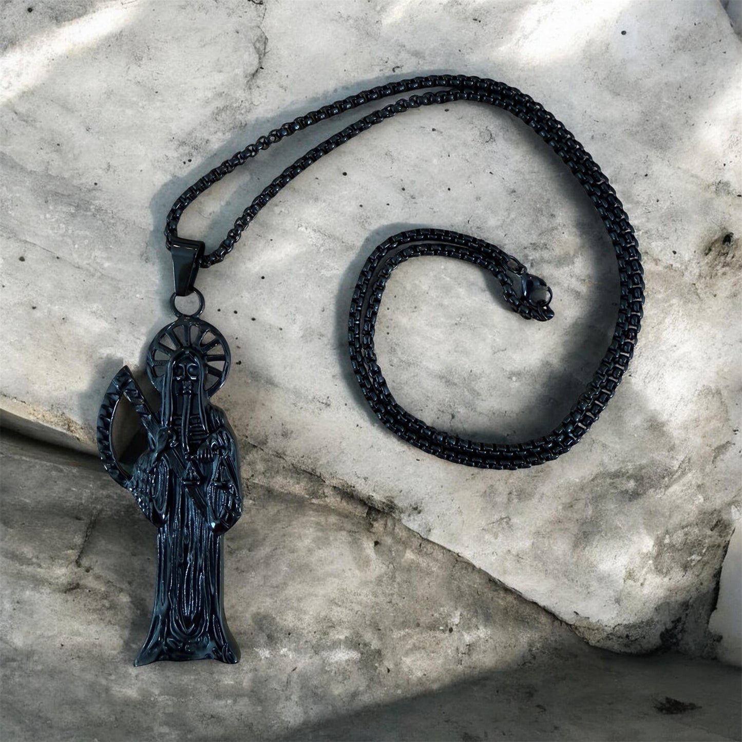 Santa Muerte Necklace + Protection + Money + Blessed + Love + Made in Mexico + Stainless Steel
