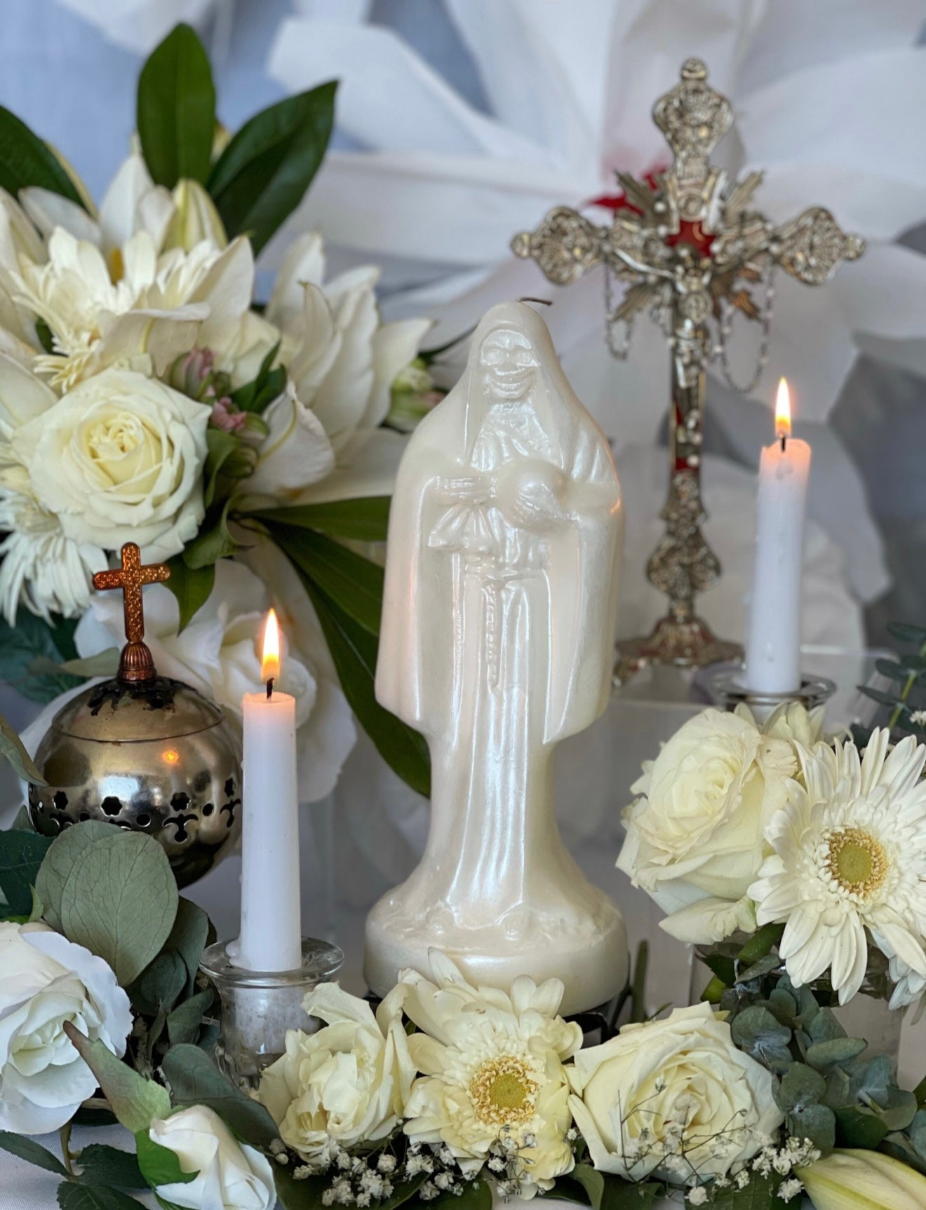 Santa Muerte Blanca Candle Working + Psychic Vision + Cleansing + Protection + Healing + Blessing + Balance