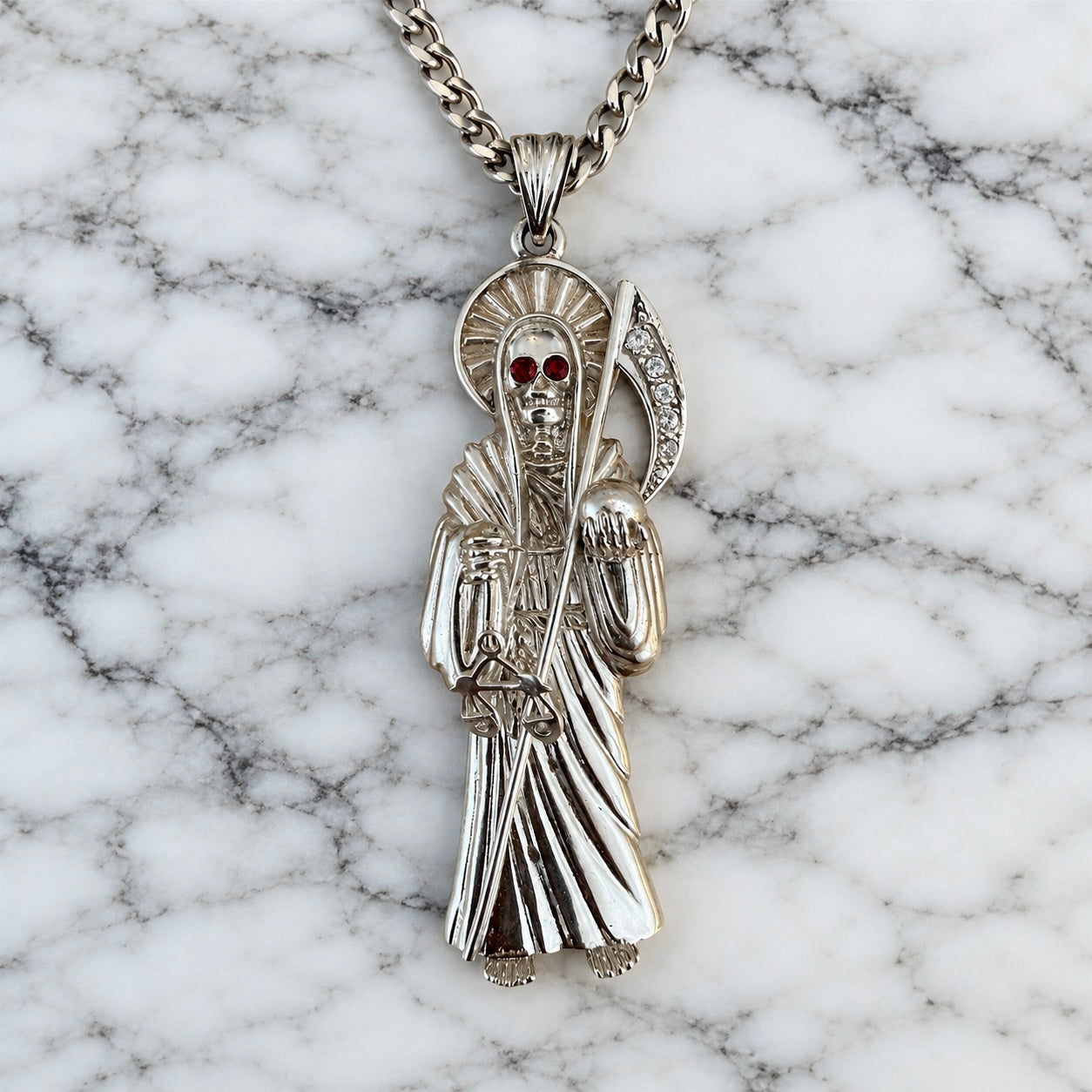 Santa Muerte Necklace + Protection + Money + Blessed + Love + Made in Mexico + Stainless Steel