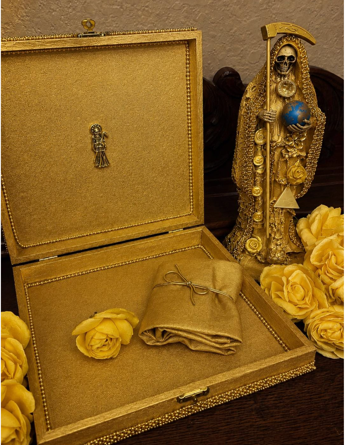 Santa Muerte Dorada Statue + 10” + Fixed and Baptized on Feast Day + 24K Gold