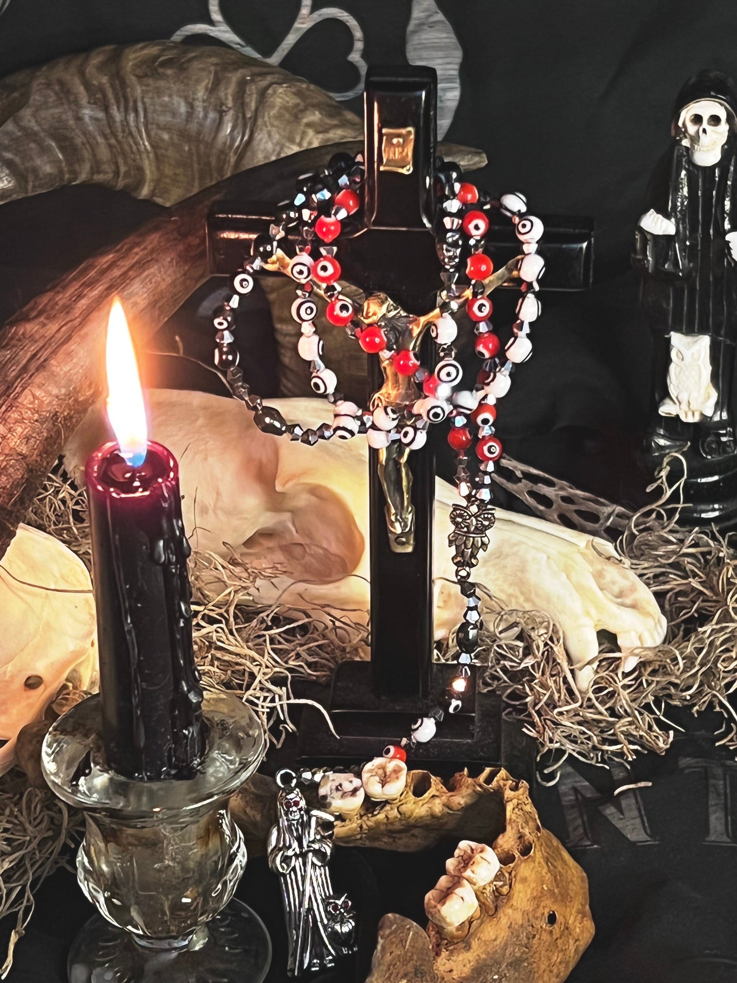 Santa Muerte Evil Eye Rosary de Hilo + Traditional Colors + Three Robes + Blessed + Handcrafted + Rosario