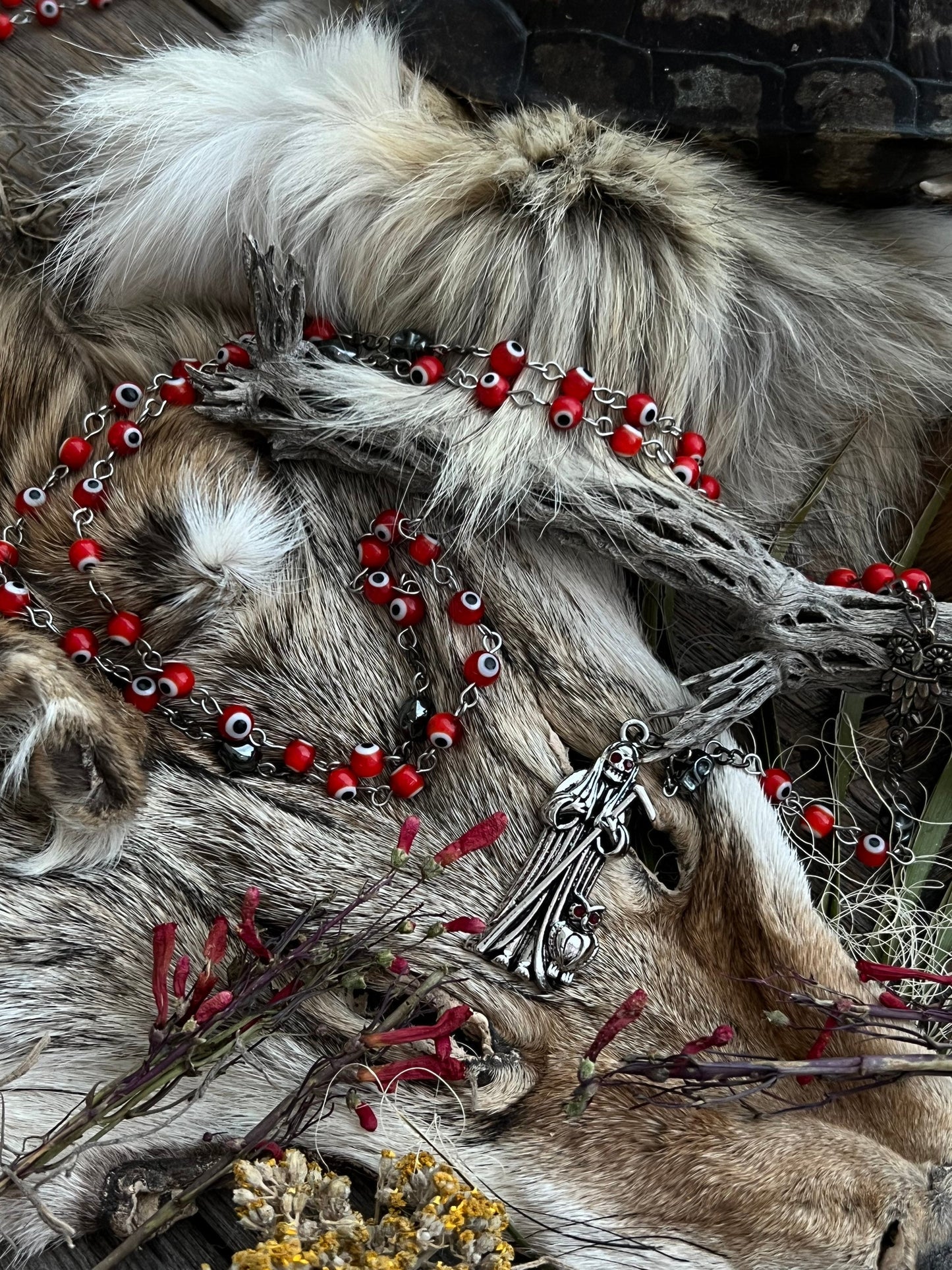 Santa Muerte Roja Evil Eye Rosary + Love + Passion + Domination + Money + Sterling Silver Plated Chain + Handcrafted + Rosario