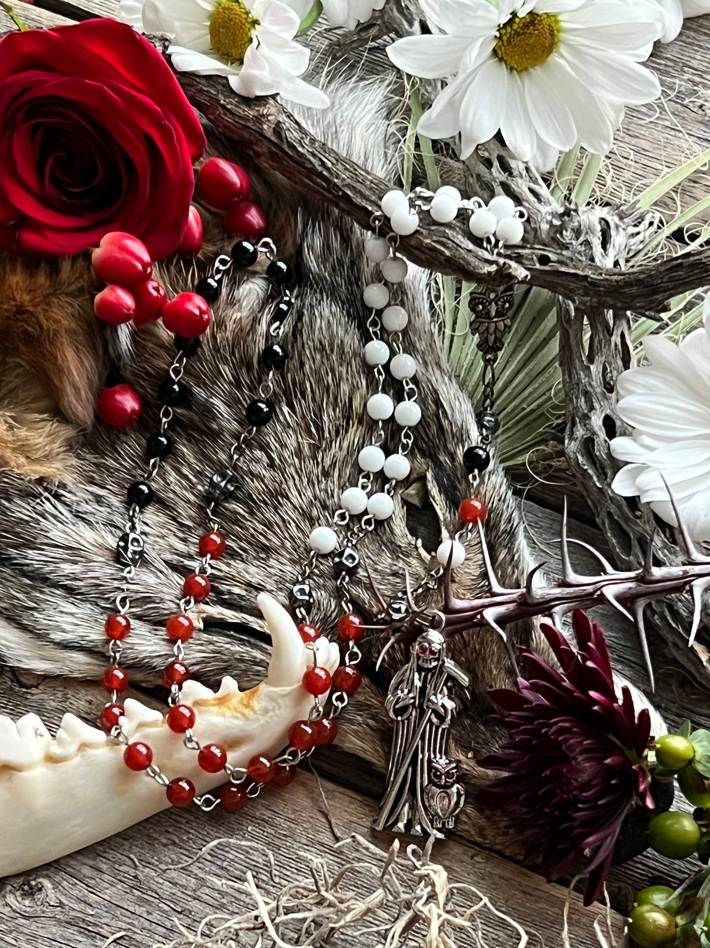 Santa Muerte 3 Robes Rosary + Gemstone + Blessed + Traditional Colors + Sterling Silver Plated Chain + Handcrafted + Rosario + All-Purpose