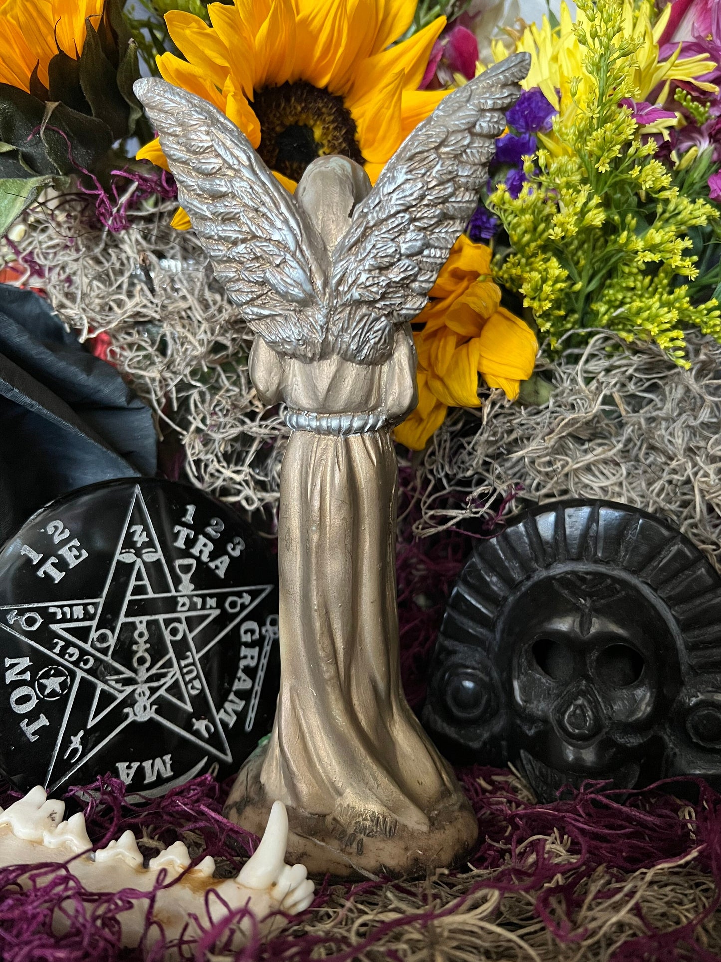 Santa Muerte Dorada + Gold + with Silver Wings Statue + Baptized + Fixed + Made in Mexico