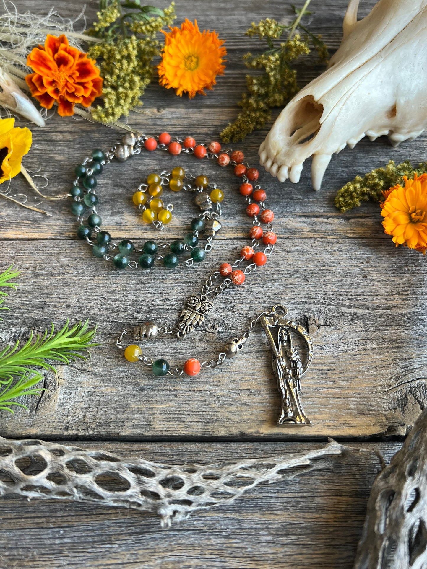 Santa Muerte Abre Camino Rosary + Road Opener + Orange Agate + Blessed + Sterling Silver Plated Chain + Rosario + Gemstone