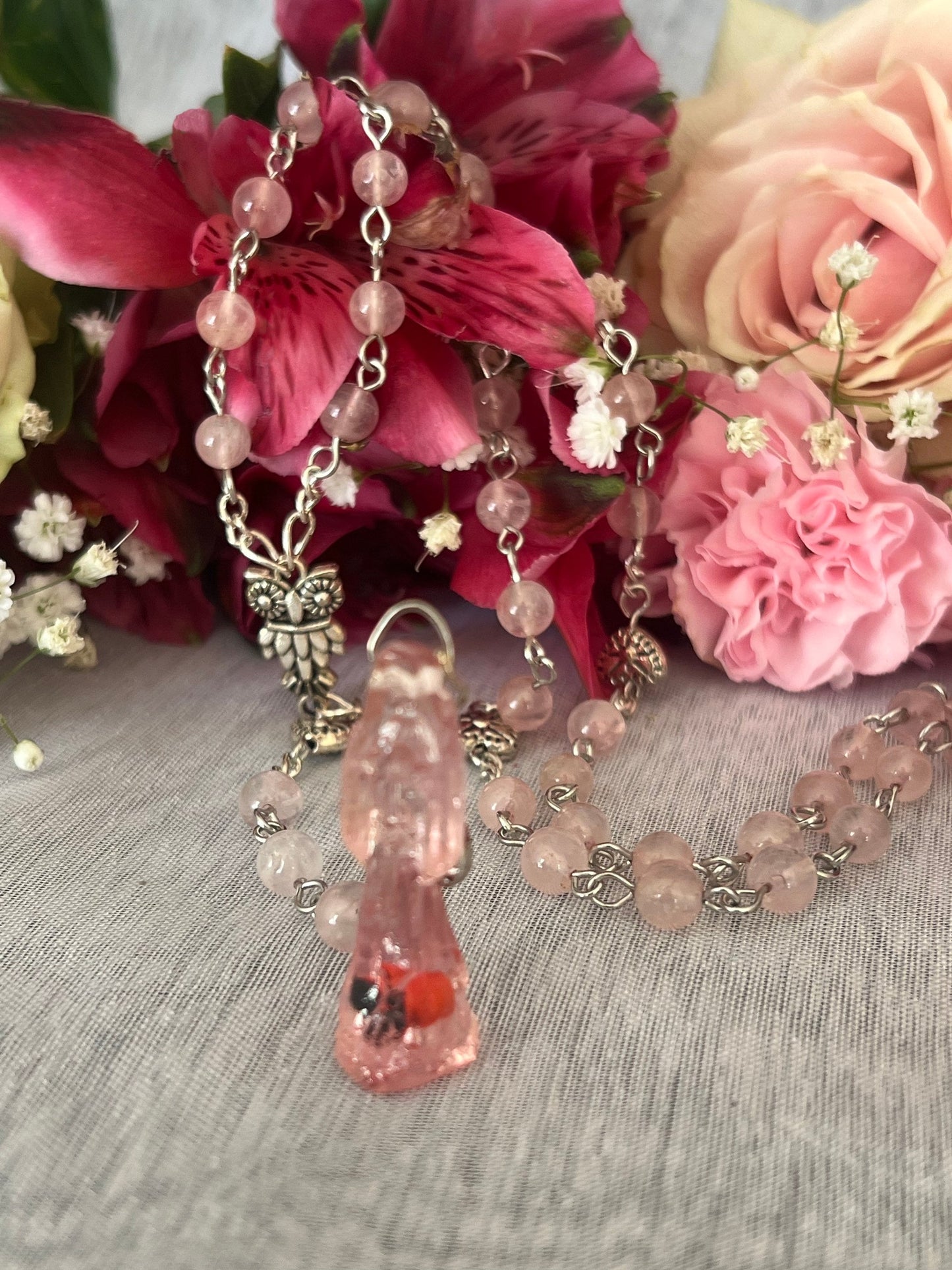 Santa Muerte Rosada Rosary + Love + Rose Quartz + Pink + Sterling Silver Plated Chain + Handcrafted + Gemstone + Rosario + Skull Beads