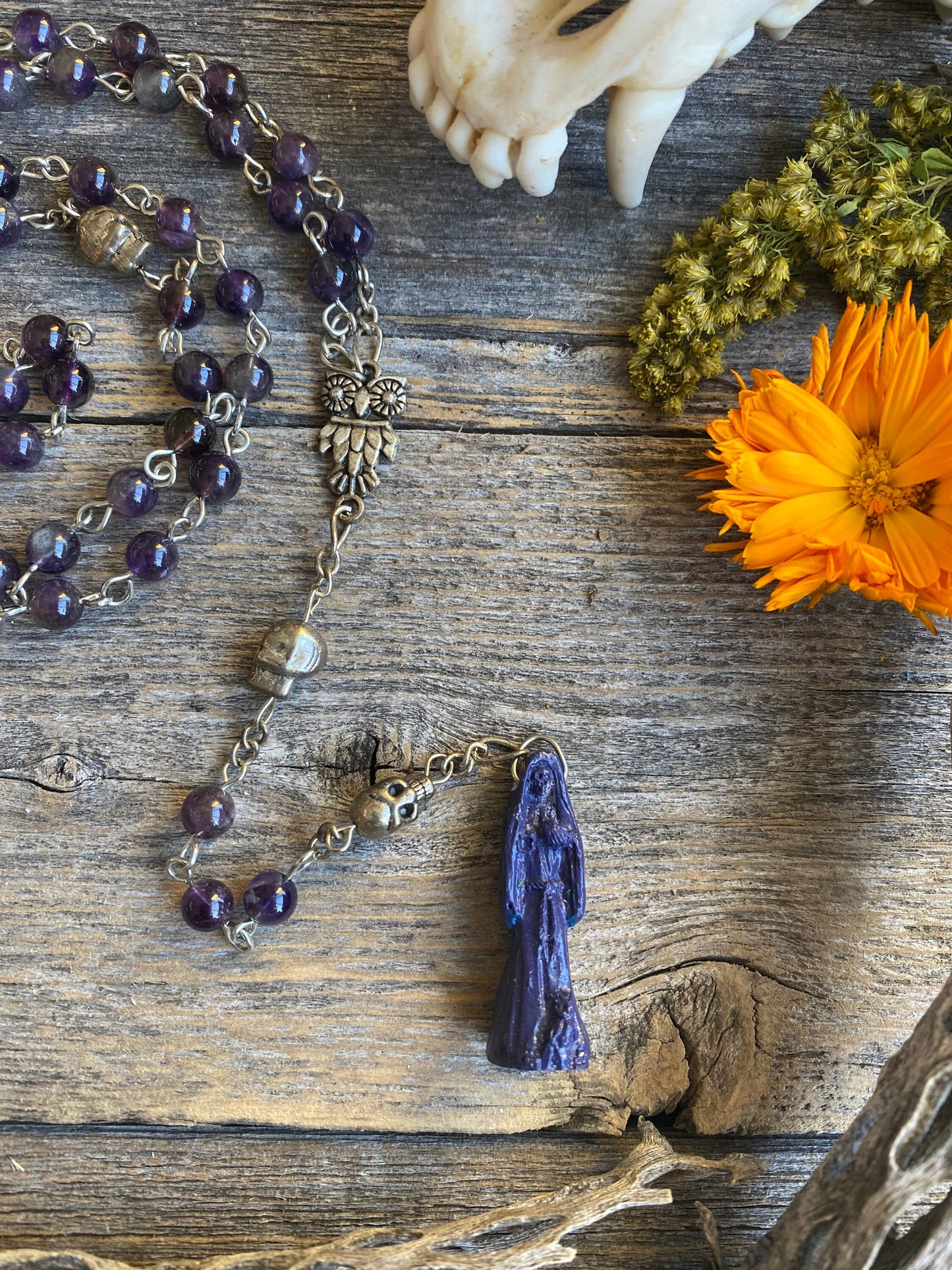 Santa Muerte Morada Rosary + Spirituality + Psychic + Amethyst + Blessed + Purple + Gemstone + Handcrafted + Sterling Silver Chain + Rosario