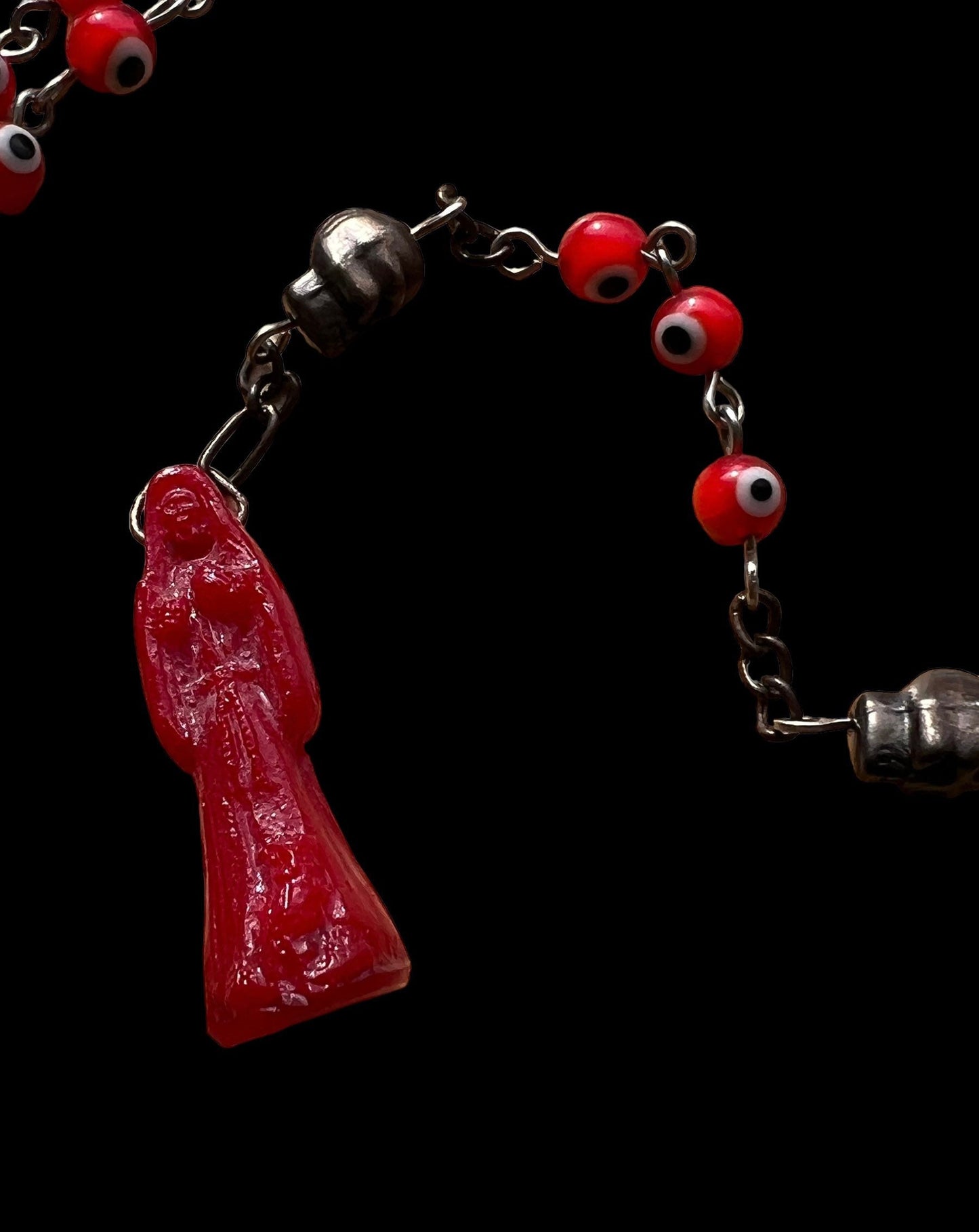 Santa Muerte Roja Evil Eye Rosary + Love + Money + Luck + Domination + Blesssed + Sterling Silver Plated Chain + Handcrafted + Rosario