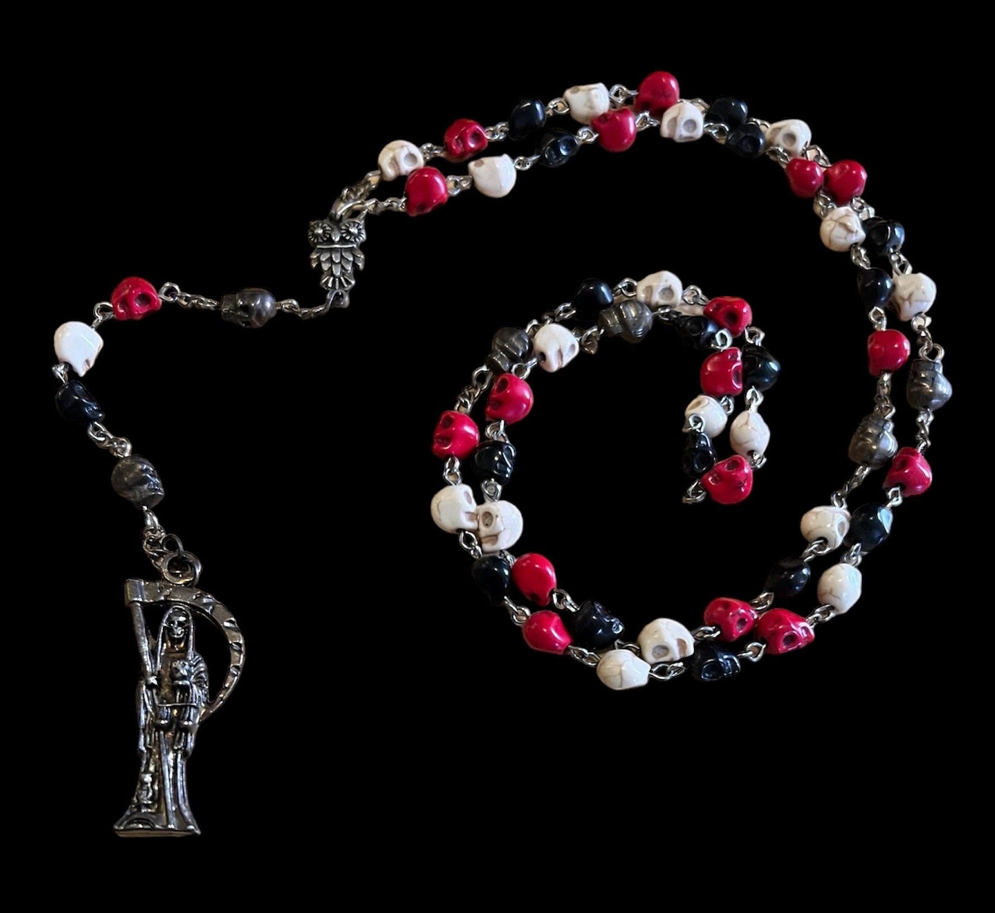 Santa Muerte Rosary + Traditional Colors + 3 Robes + All-Purpose + Blessed + Sterling Silver Plated Chain + Handcrafted + Tricolor