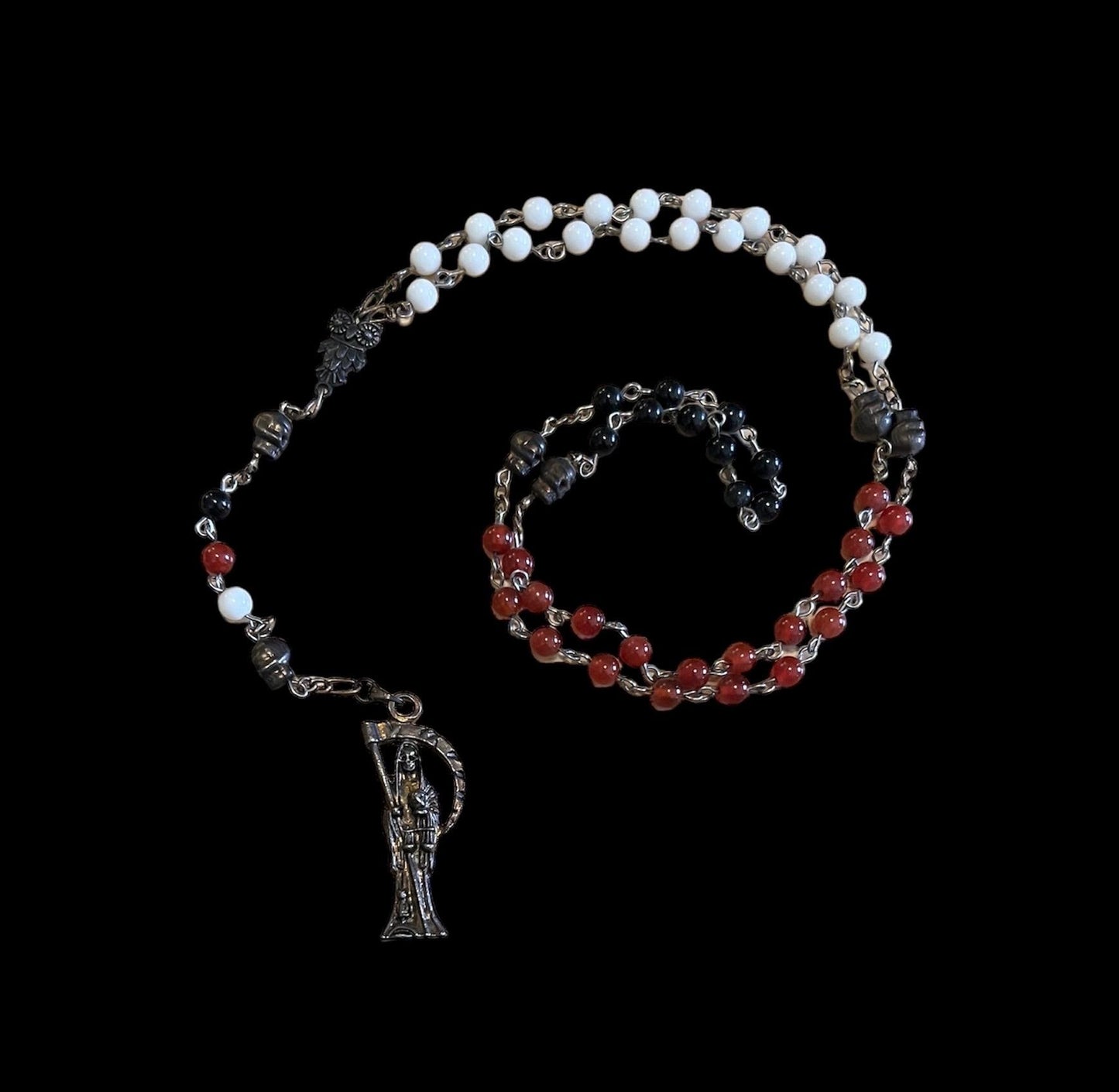 Santa Muerte Rosary + Gemstone + Blessed + Traditional Colors + Three Robes + Sterling Silver Plated Chain + Handcrafted
