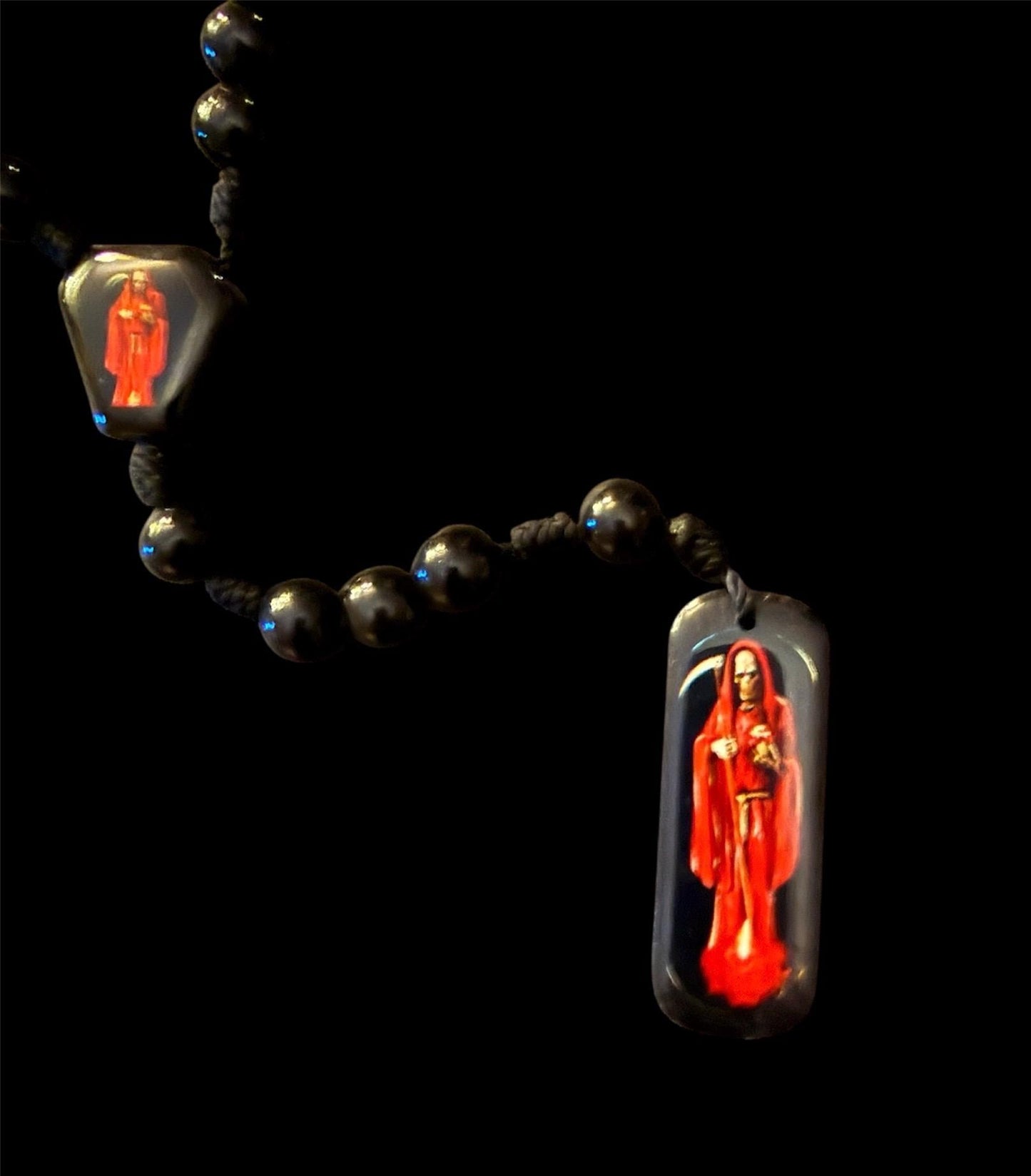 Santa Muerte Roja y Negra Rosary with Wood Beads + Blessed + Rosario + Protection + Reversing