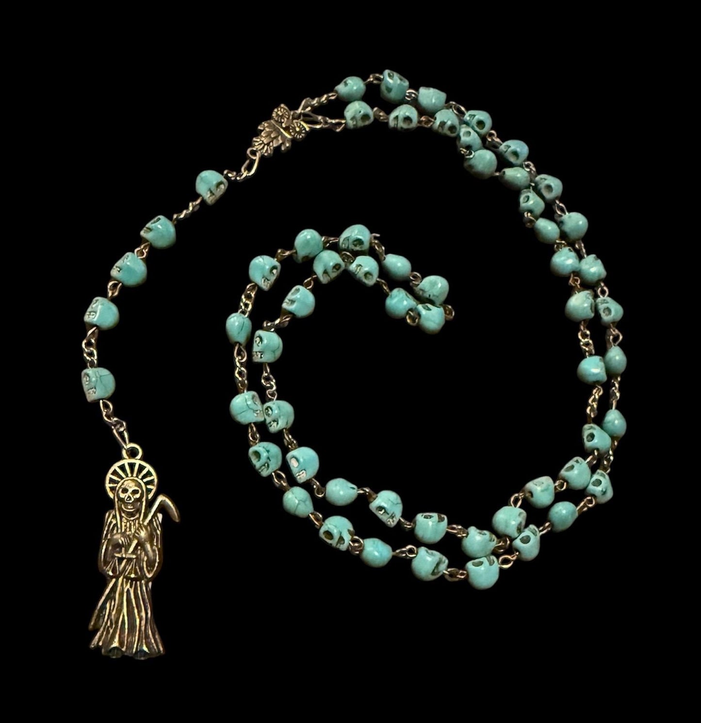 Santa Muerte Azul Rosary + Blue + Sterling Silver Plated Chain + Handcrafted + Rosario