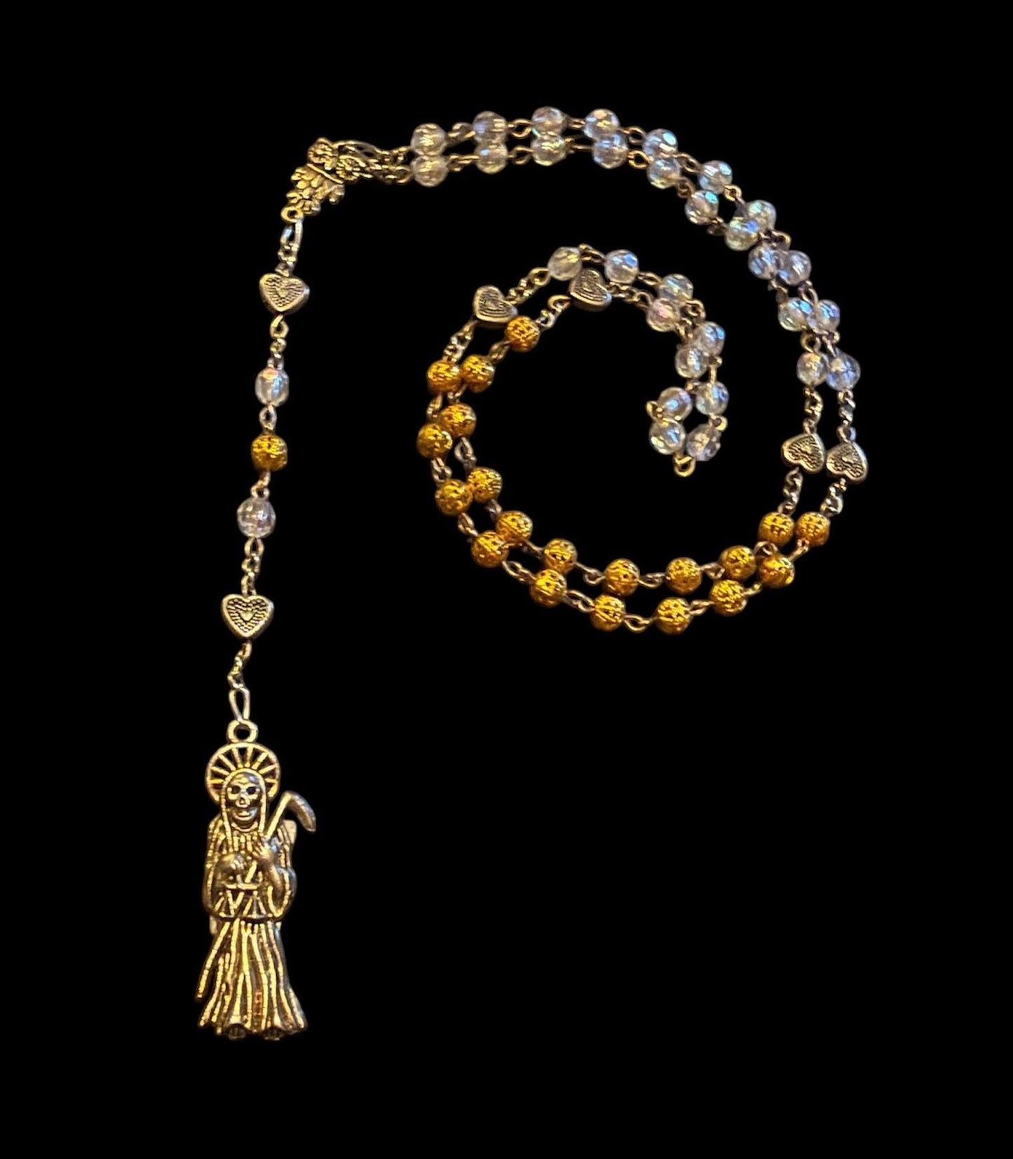 Santa Muerte Dorada Rosary + Oro + Heart of Gold + Blessed + Sterling Silver Plated Chain + Handcrafted + Rosario