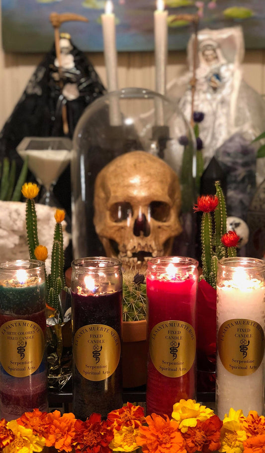 Santa Muerte Fixed Candles (Blanca, Roja, Negra, y Siete Colores)