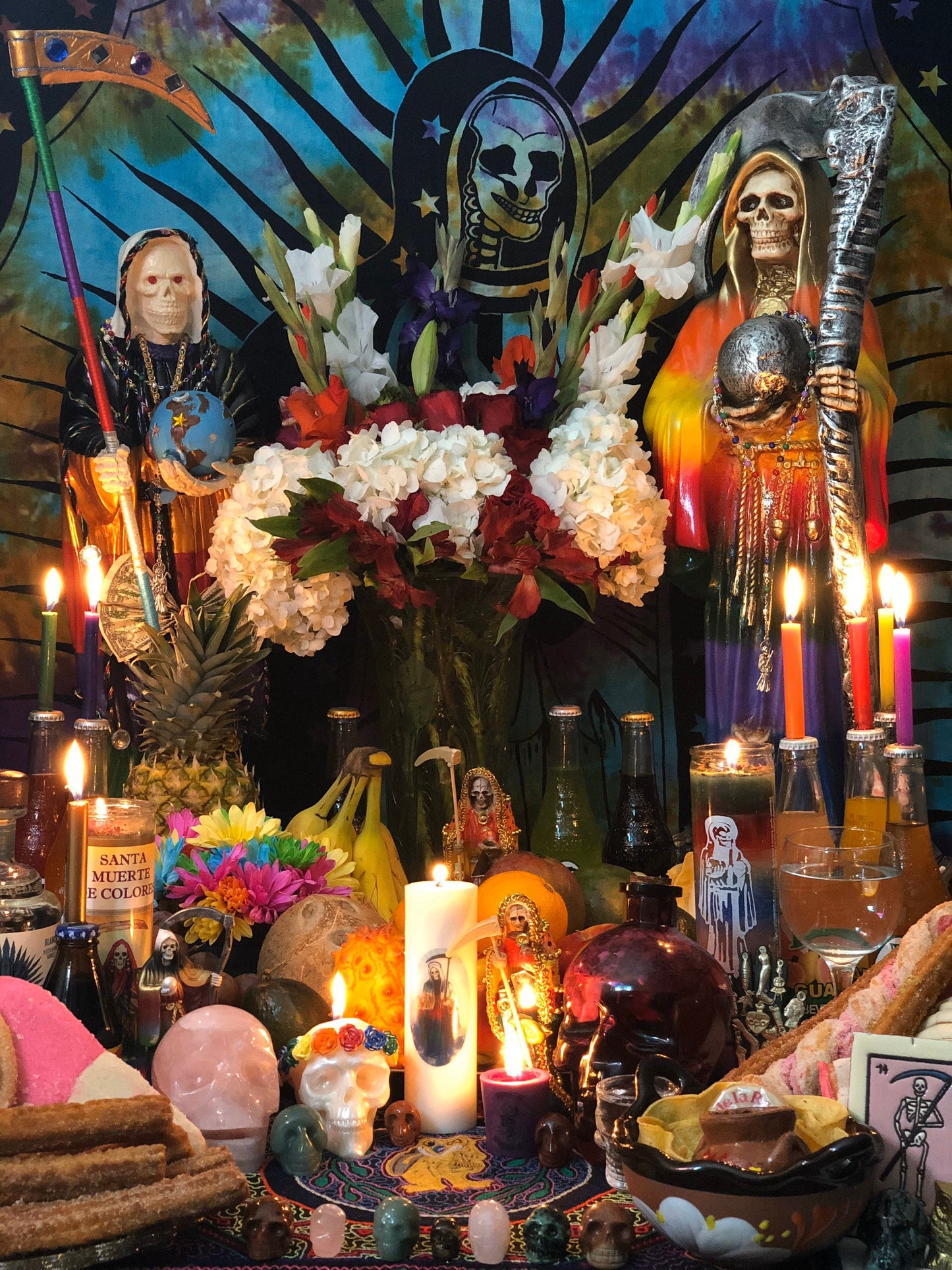 Santa Muerte Siete Colores Rosary + Sterling Silver Plated Chain + Handcrafted + Rosario