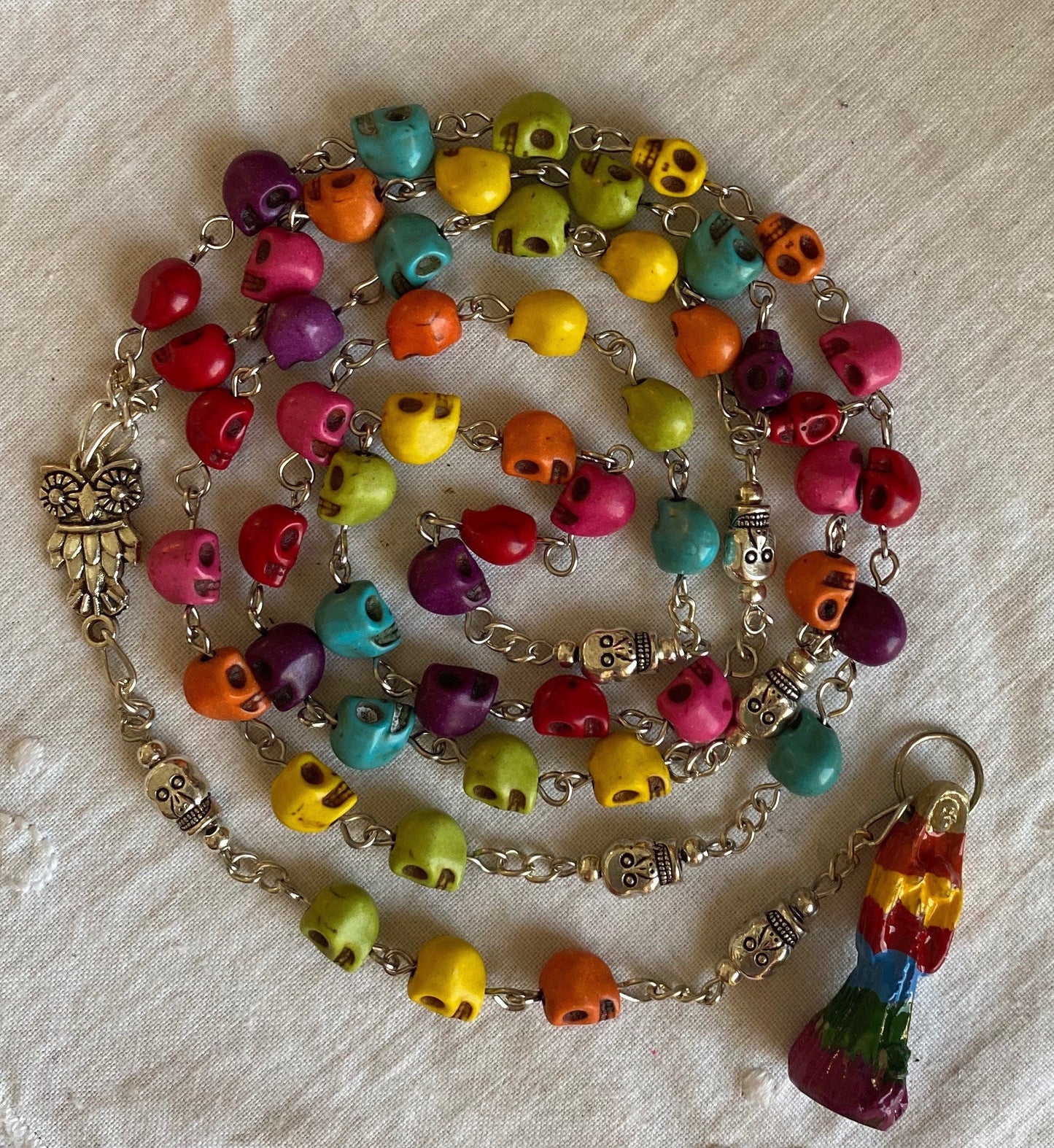 Santa Muerte Siete Colores Rosary + Sterling Silver Plated Chain + Handcrafted + Rosario