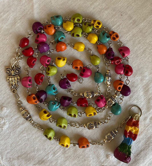 Santa Muerte Siete Colores Rosary + Sterling Silver Plated Chain + Handcrafted + Rosario