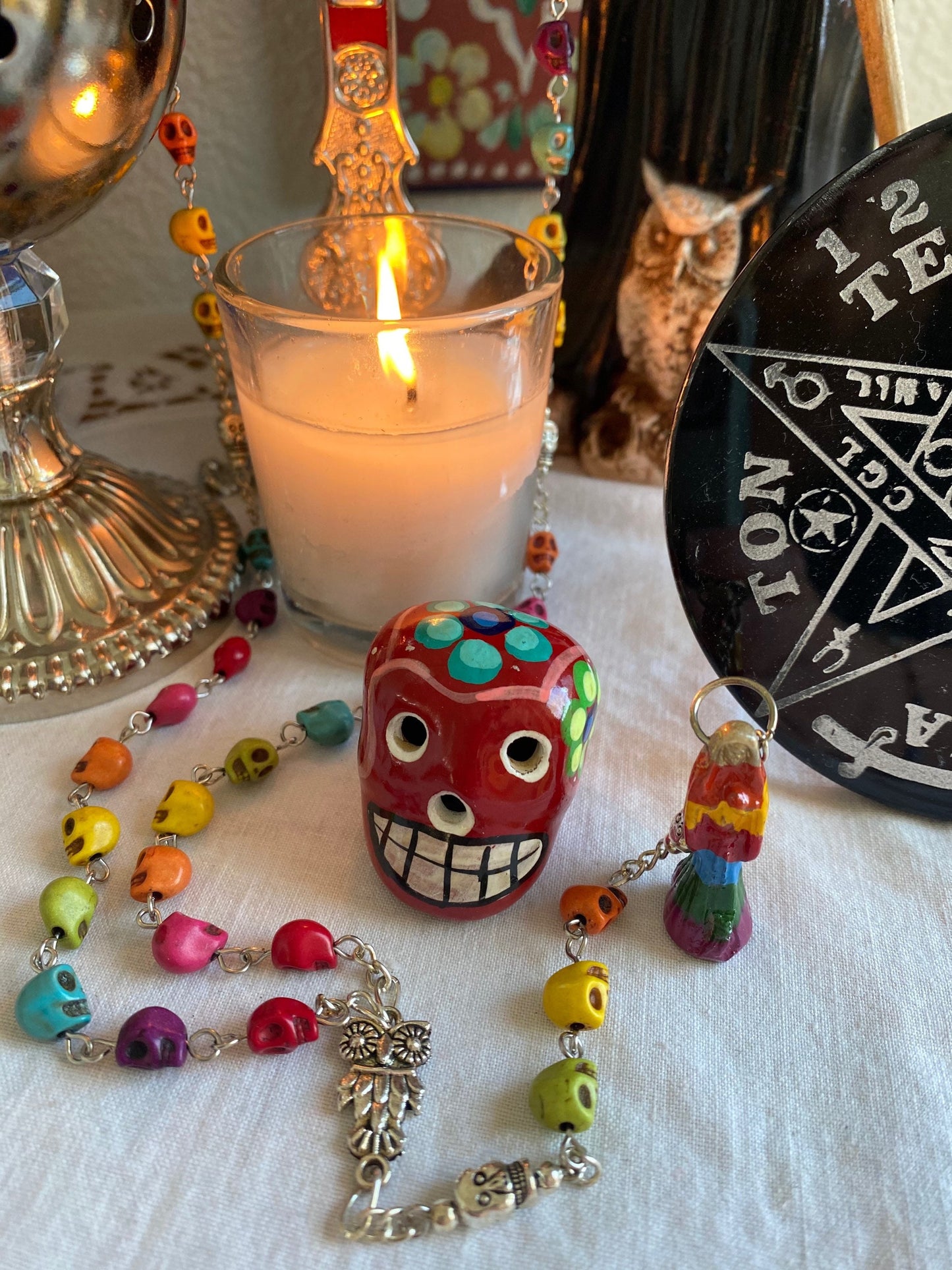 Santa Muerte Siete Colores Rosary + Sterling Silver Plated Chain + Handcrafted + Rosario