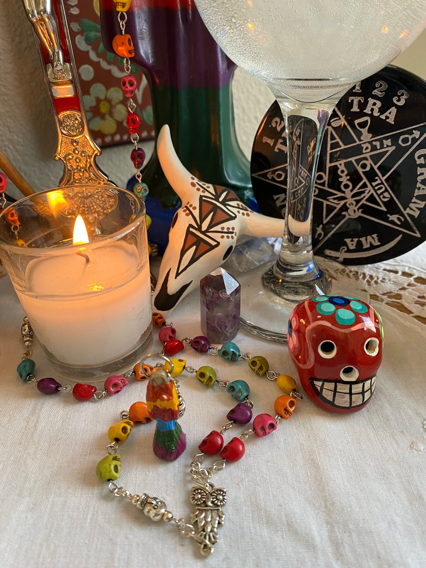 Santa Muerte Siete Colores Rosary + Sterling Silver Plated Chain + Handcrafted + Rosario