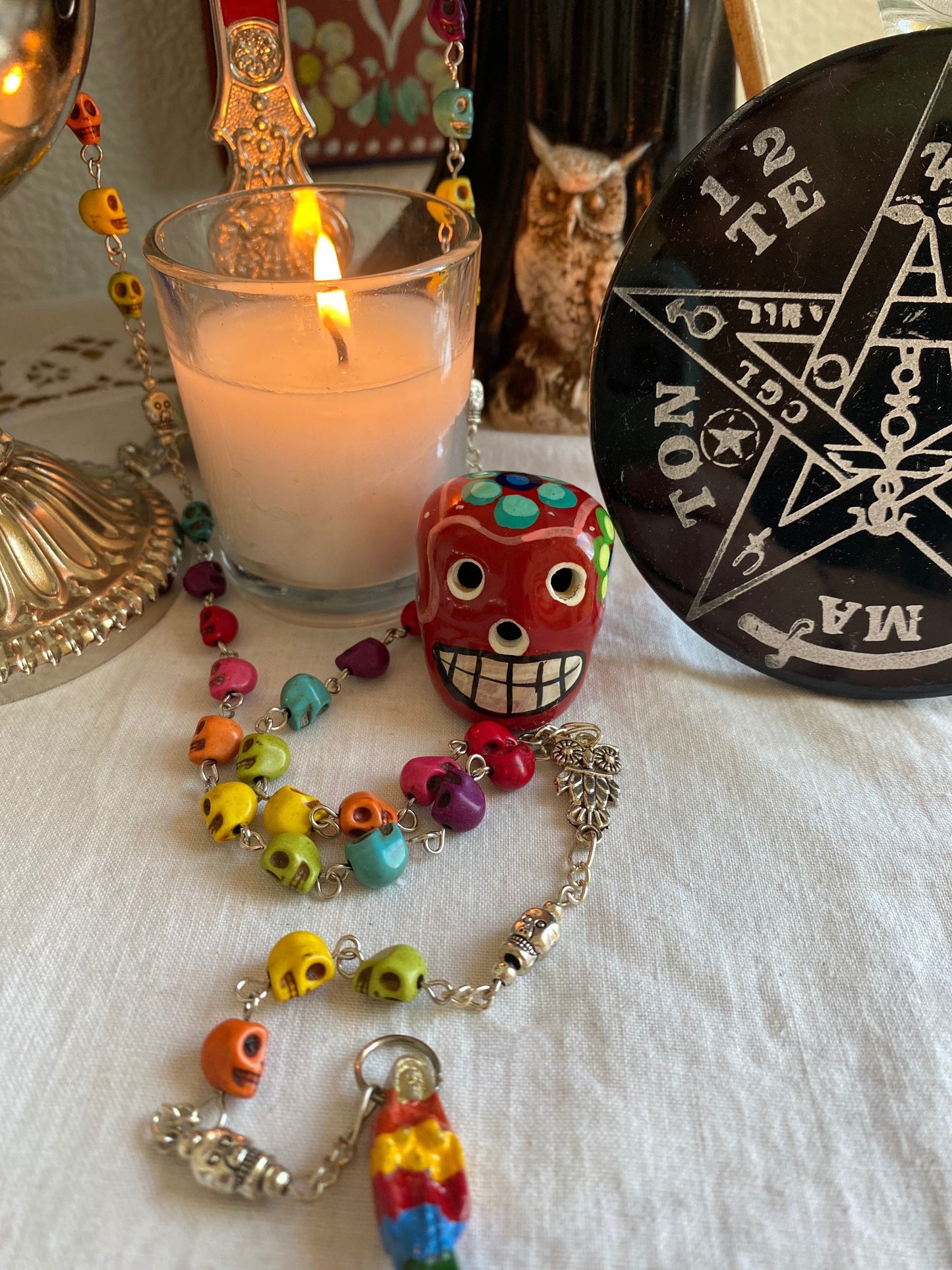 Santa Muerte Siete Colores Rosary + Sterling Silver Plated Chain + Handcrafted + Rosario