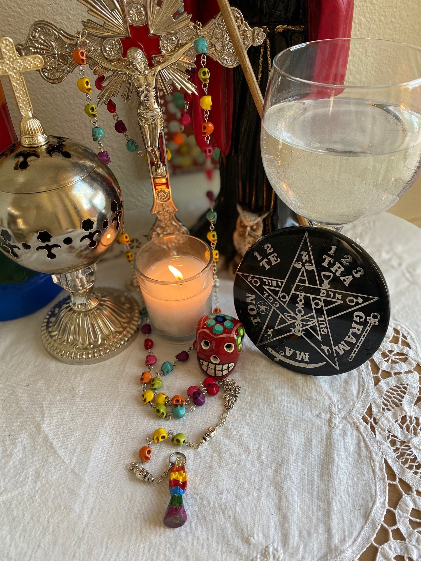 Santa Muerte Siete Colores Rosary + Sterling Silver Plated Chain + Handcrafted + Rosario
