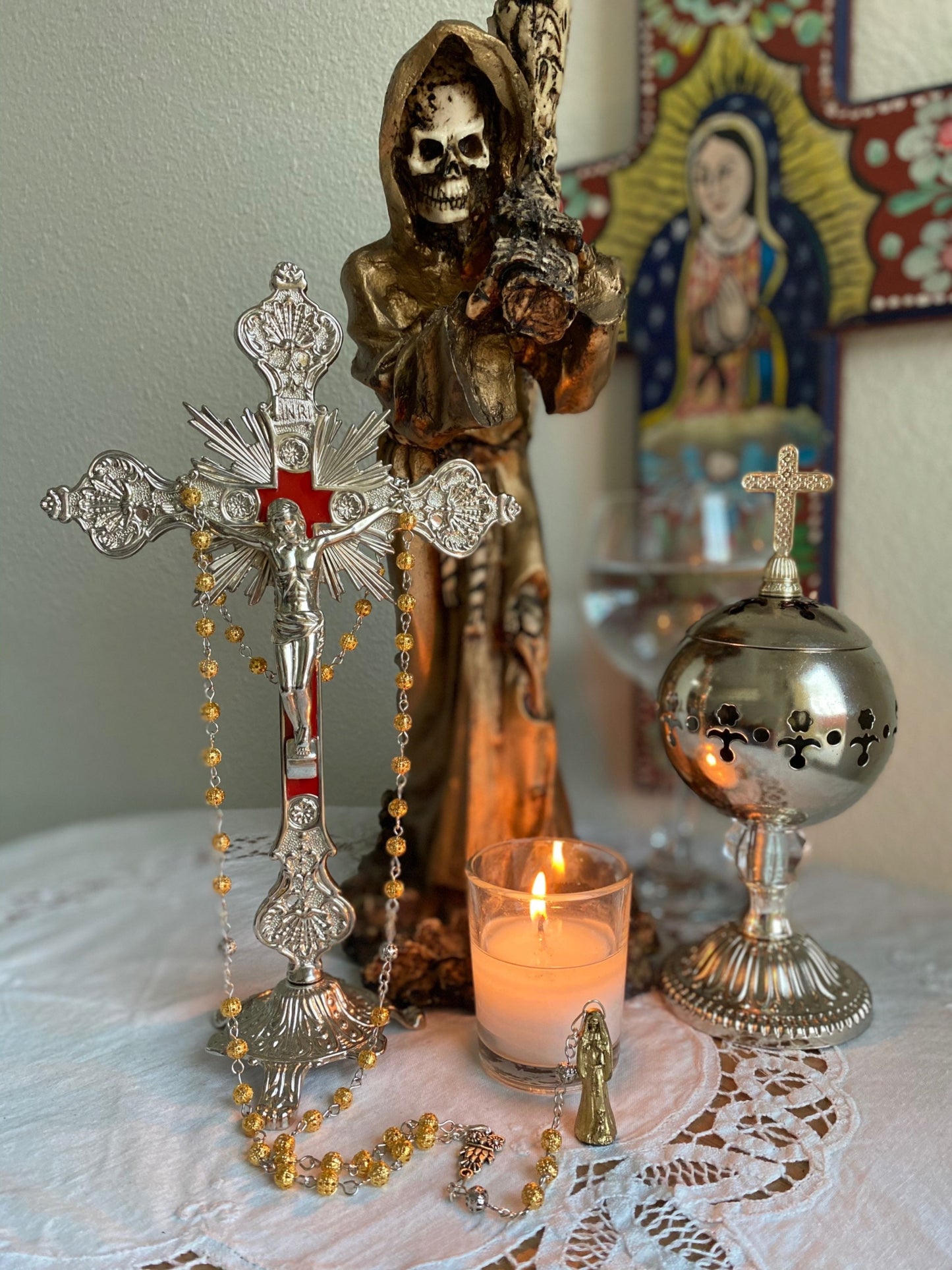 Santa Muerte Dorada Rosary + Oro + Prosperity + Gold + Sterling Silver Plated Chain + Handcrafted + Rosario