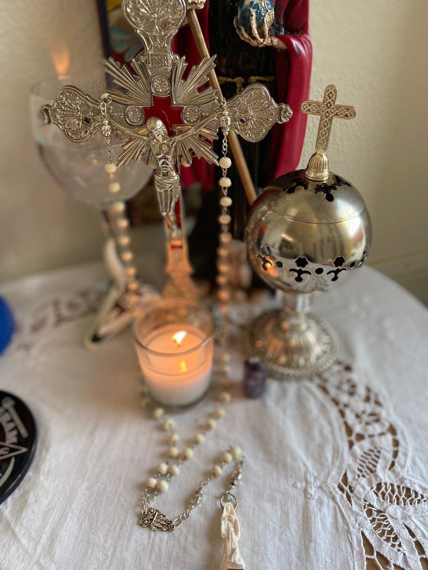 Santa Muerte Blanca Rosary with Bone Beads + Blessed + Sterling Silver Plated Chain + Handcrafted + Rosario