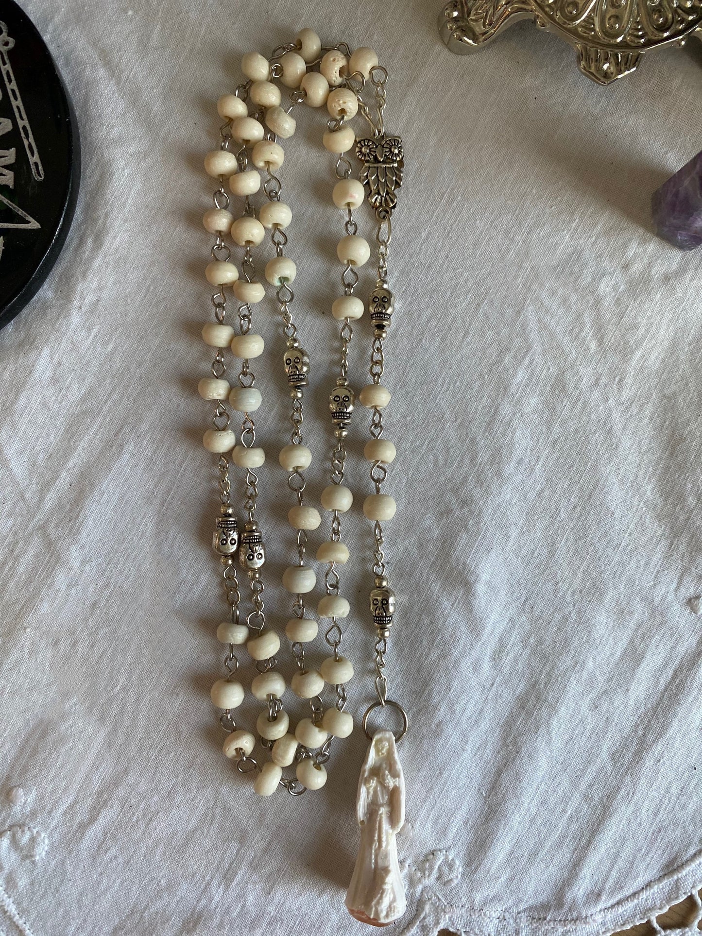 Santa Muerte Blanca Rosary with Bone Beads + Blessed + Sterling Silver Plated Chain + Handcrafted + Rosario