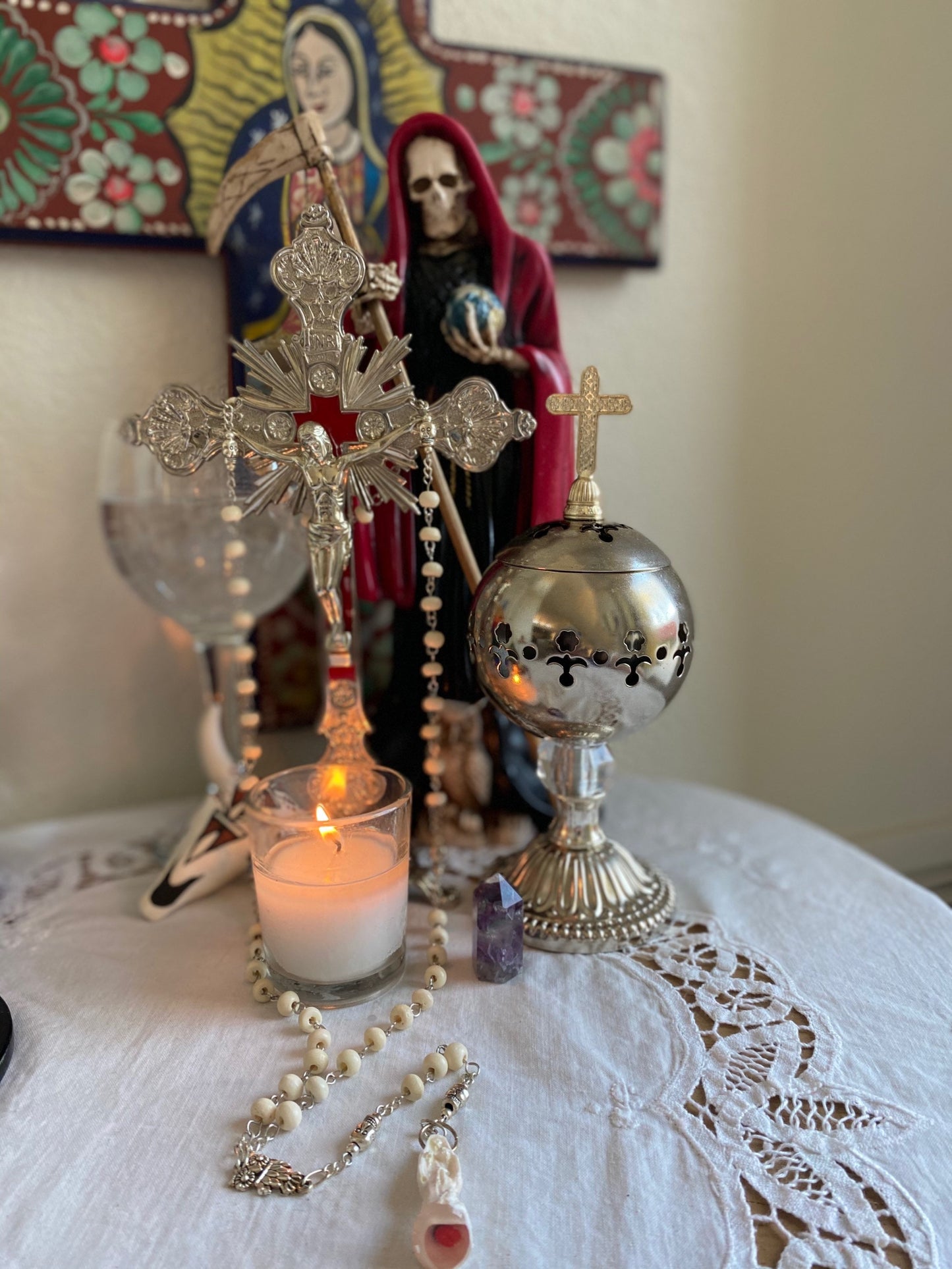 Santa Muerte Blanca Rosary with Bone Beads + Blessed + Sterling Silver Plated Chain + Handcrafted + Rosario