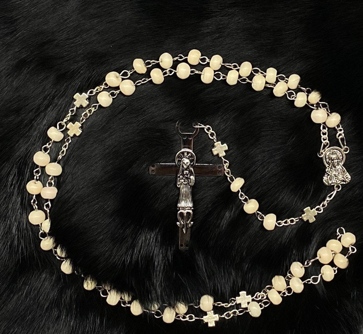 Santa Muerte Blanca Rosary with Bone Beads & Santa Muerte Cross + Sterling Silver Plated Chain + Handcrafted + Rosario