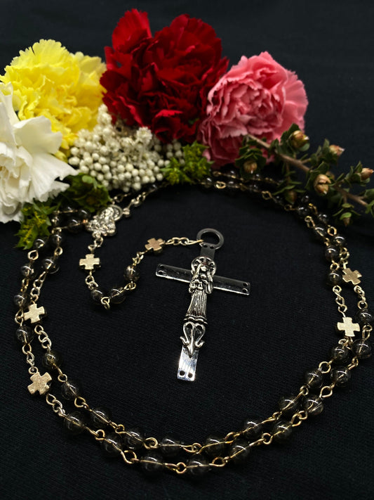 Santa Muerte Rosary with Smoky Beads & Santa Muerte Cross + Sterling Silver Plated Chain + Handcrafted + Rosario