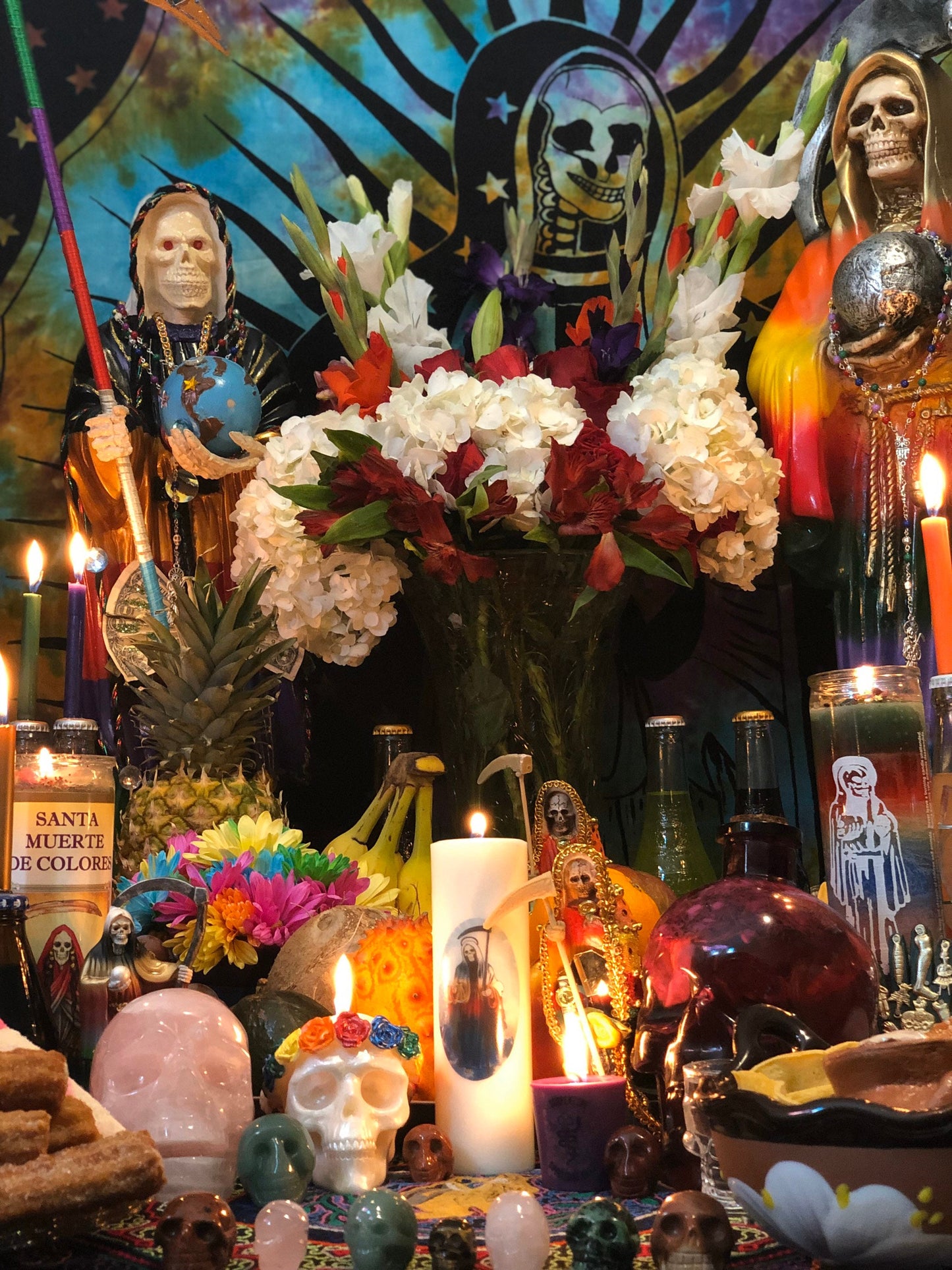 Santa Muerte Siete Colores Rosary + Sterling Silver Plated Chain + Handcrafted + Rosario