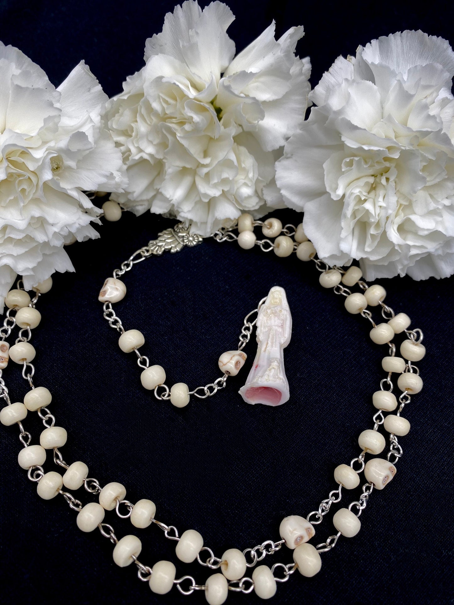 Santa Muerte Blanca Rosary with Bone and Howlite Beads + Blessed + Sterling Silver Plated Chain + Handcrafted + Rosario
