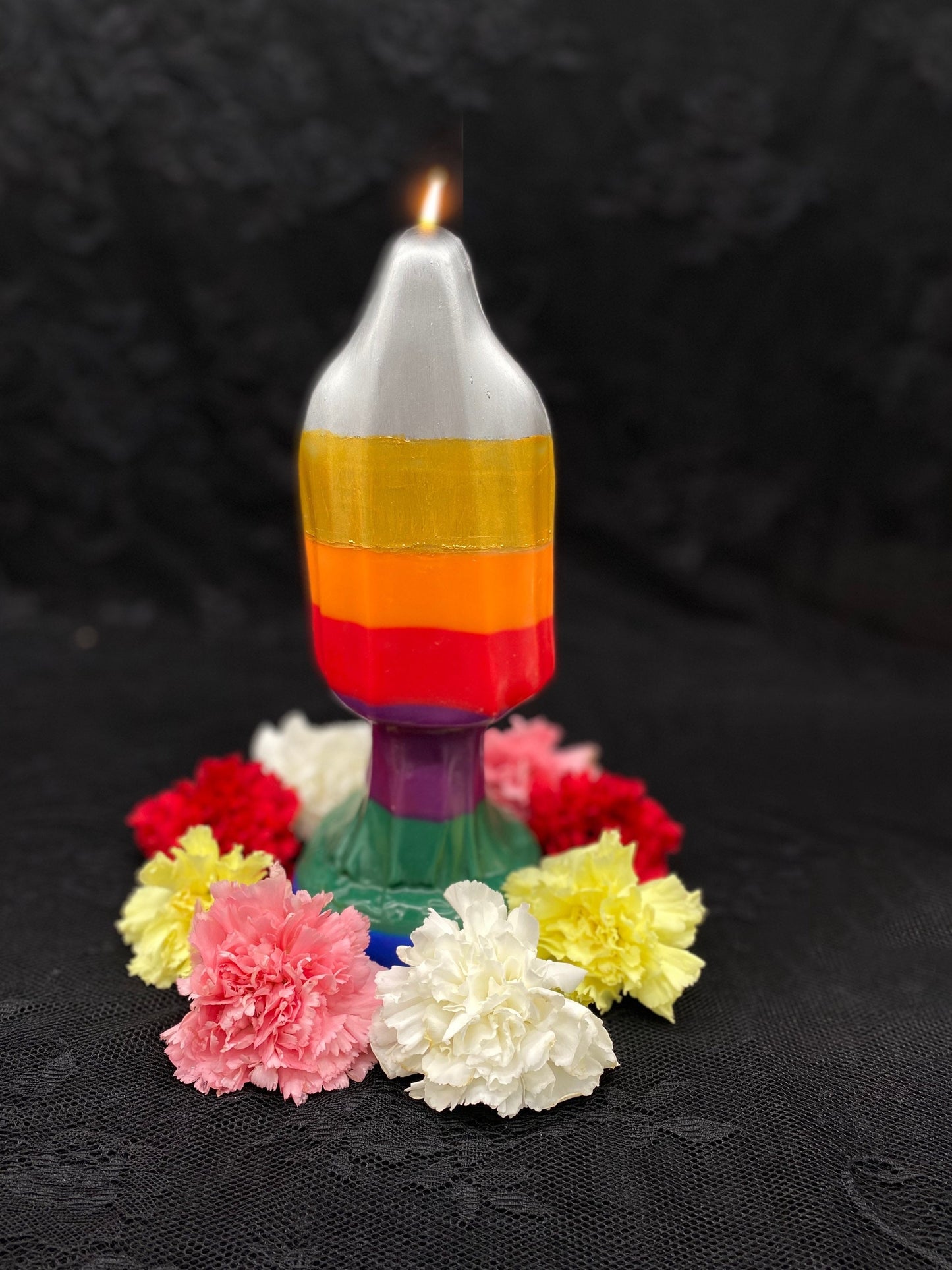 Painted La Santa Muerte Siete Colores Candle + Blessed + 24K Gold + Sterling Silver