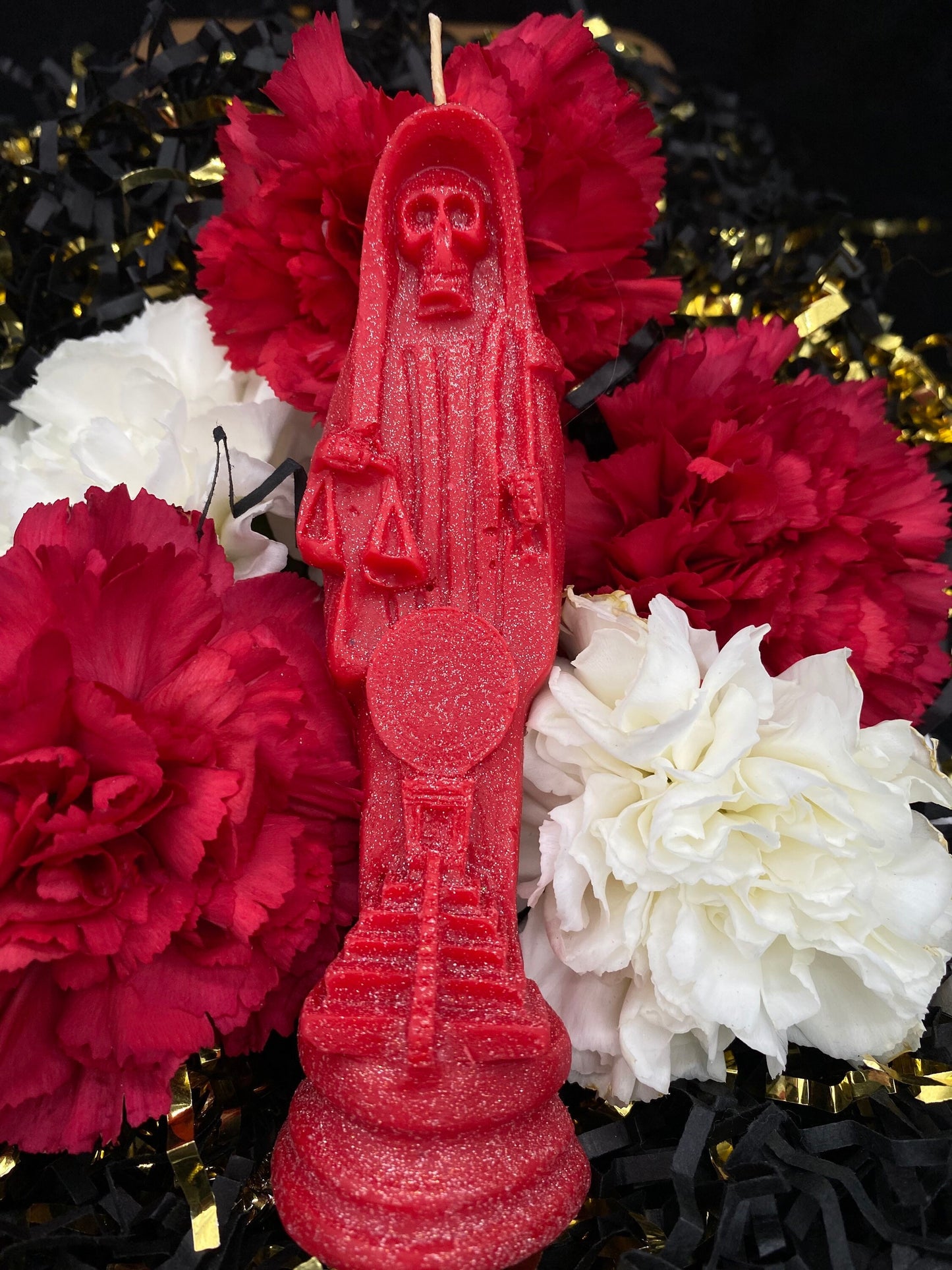 Santa Muerte Roja Figure Candle + Blessed + Love + Money + Justice