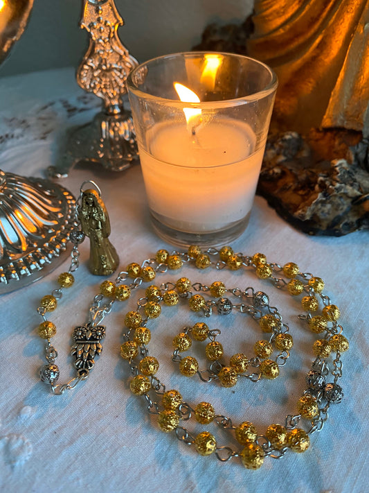 Santa Muerte Dorada Rosary + Oro + Prosperity + Gold + Sterling Silver Plated Chain + Handcrafted + Rosario