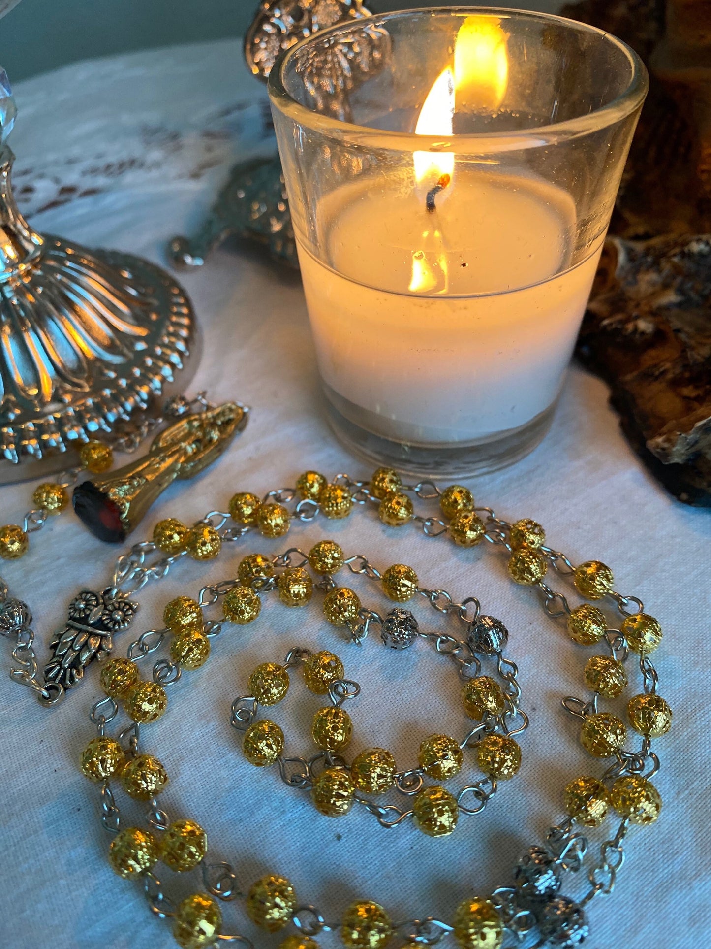 Santa Muerte Dorada Rosary + Oro + Prosperity + Gold + Sterling Silver Plated Chain + Handcrafted + Rosario