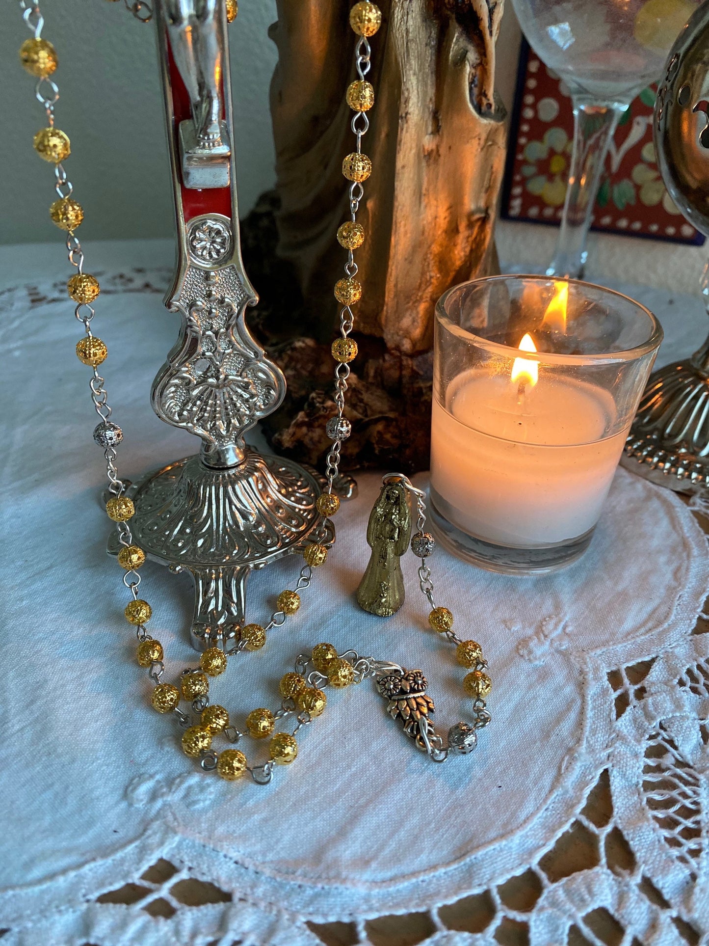 Santa Muerte Dorada Rosary + Oro + Prosperity + Gold + Sterling Silver Plated Chain + Handcrafted + Rosario