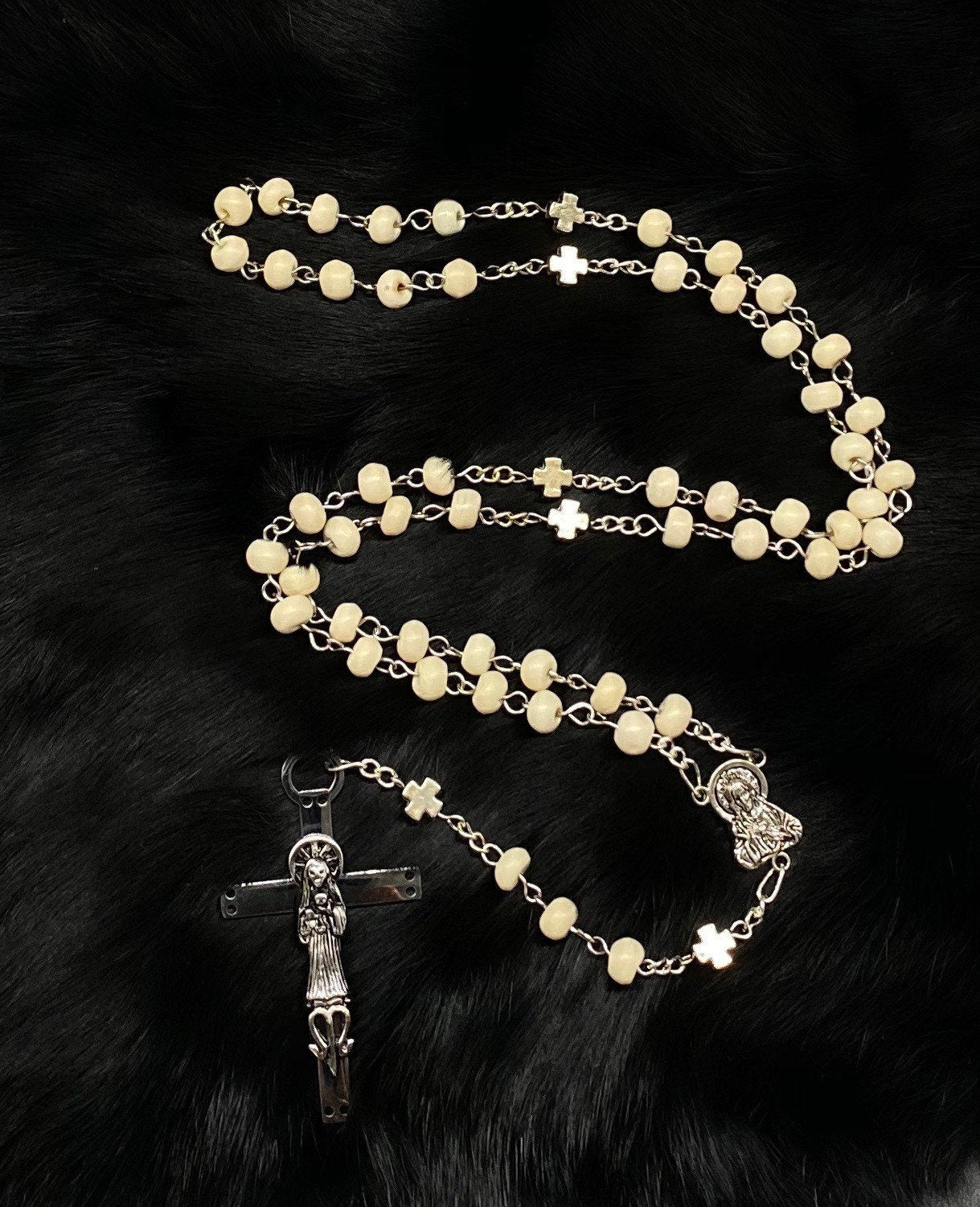 Santa Muerte Blanca Rosary with Bone Beads & Santa Muerte Cross + Sterling Silver Plated Chain + Handcrafted + Rosario
