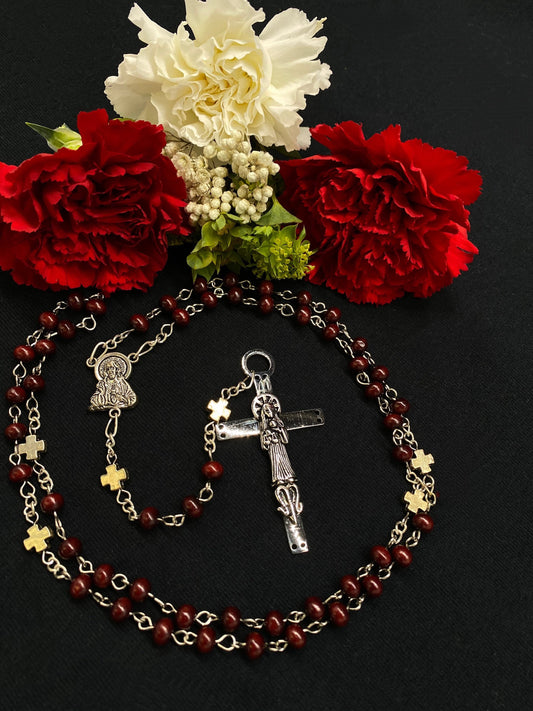 Santa Muerte Roja Rosary with Red Wood Beads & Santa Muerte Cross + Blessed + Sterling Silver Plated Chain + Handcrafted + Rosario