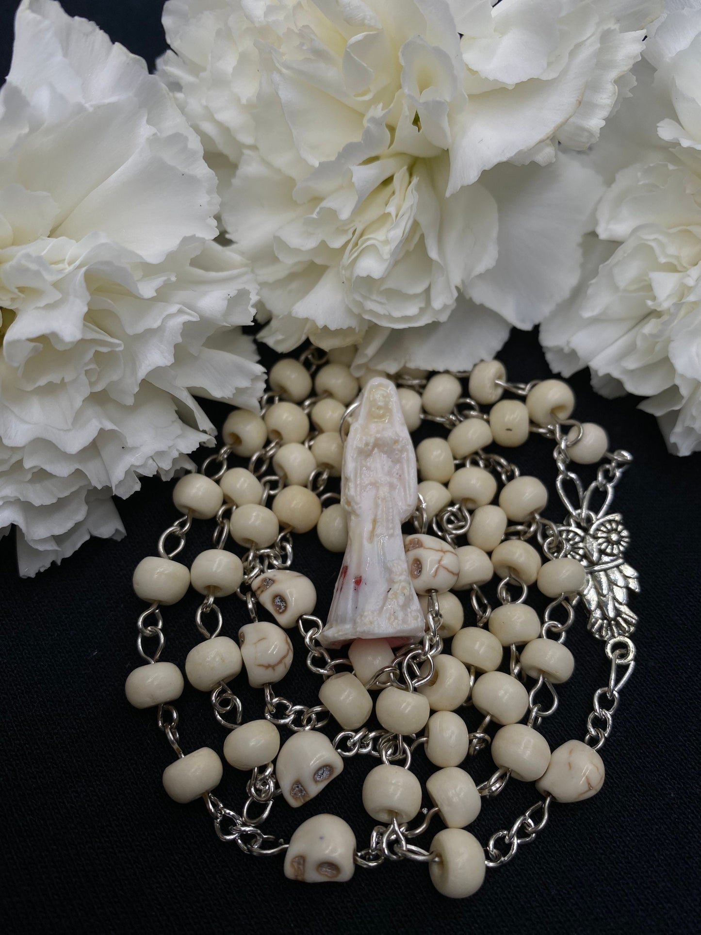 Santa Muerte Blanca Rosary with Bone and Howlite Beads + Blessed + Sterling Silver Plated Chain + Handcrafted + Rosario