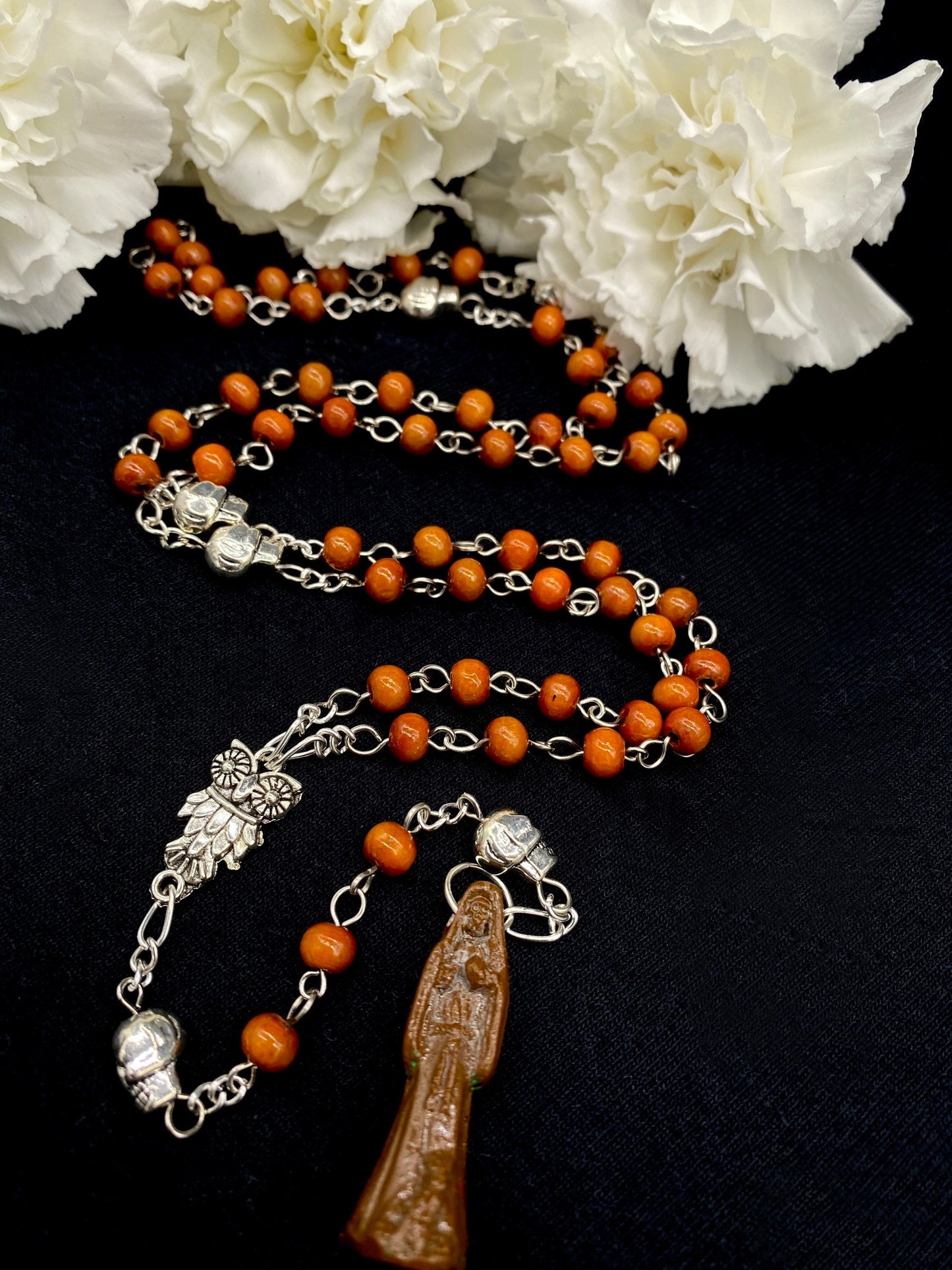 Santa Muerte Marron Rosary with Wood Beads + Blessed + Sterling Silver Plated Chain + Handcrafted + Rosario