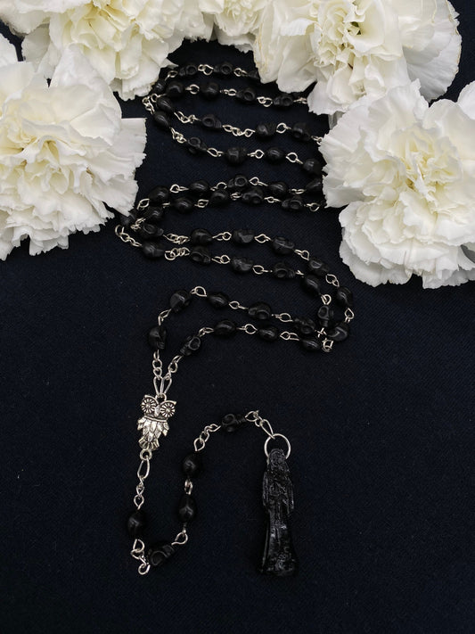 Santa Muerte Negra Rosary + Blessed + Sterling Silver Plated Chain + Handcrafted + Rosario