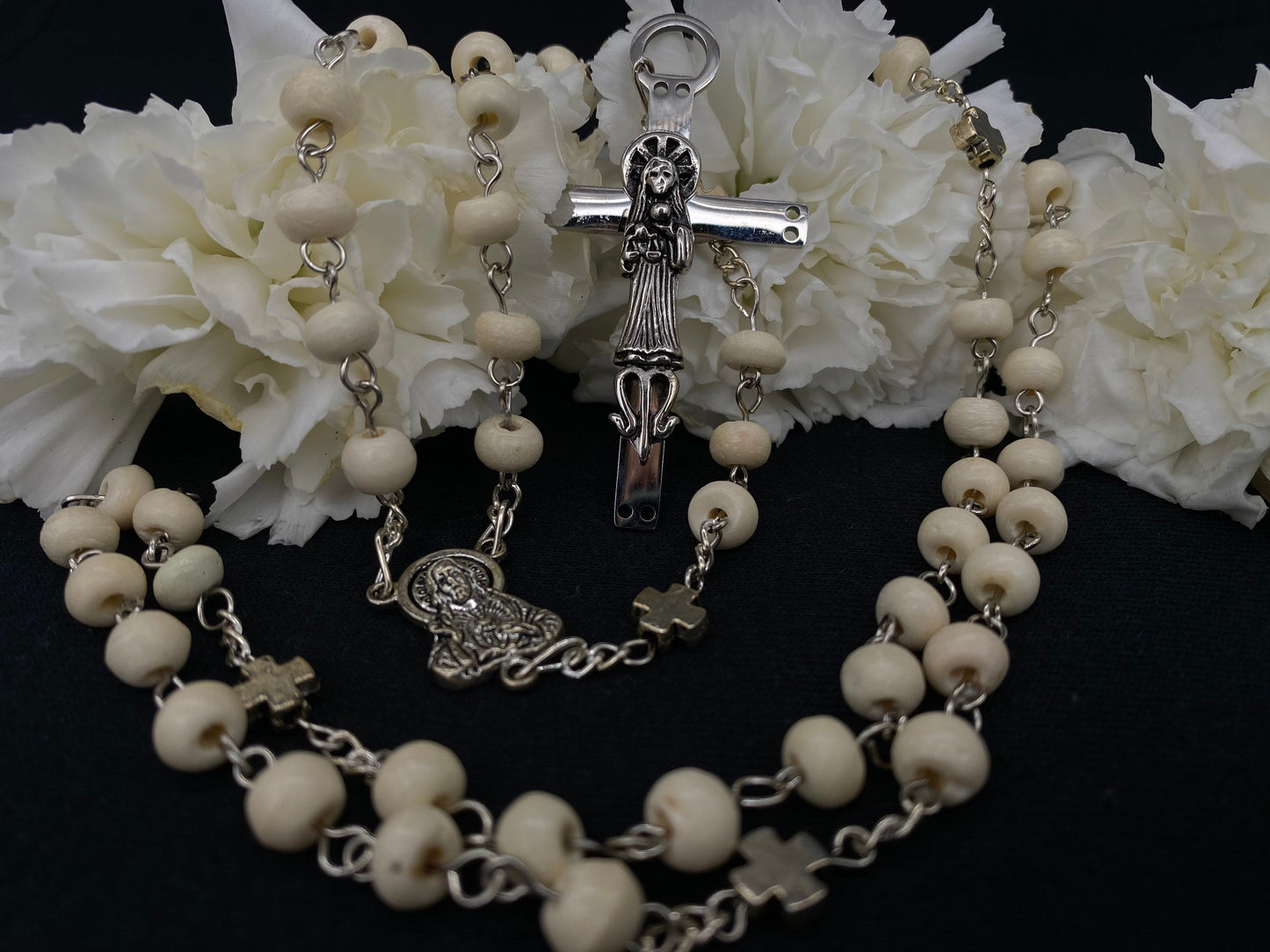 Santa Muerte Blanca Rosary with Bone Beads & Santa Muerte Cross + Sterling Silver Plated Chain + Handcrafted + Rosario