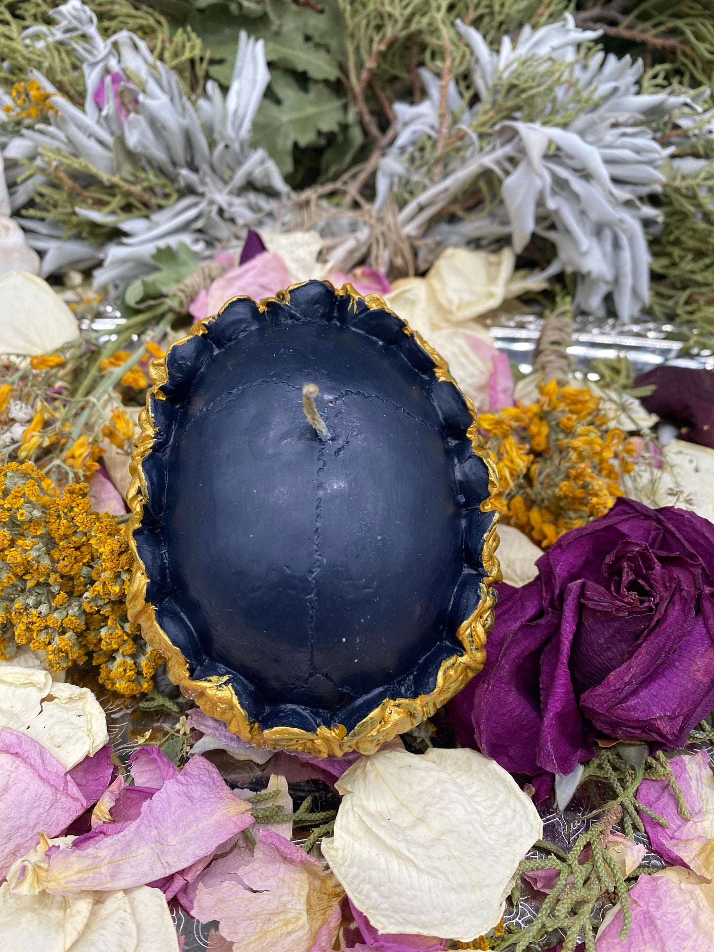 Skull Candle with Gold Roses + Hand Painted