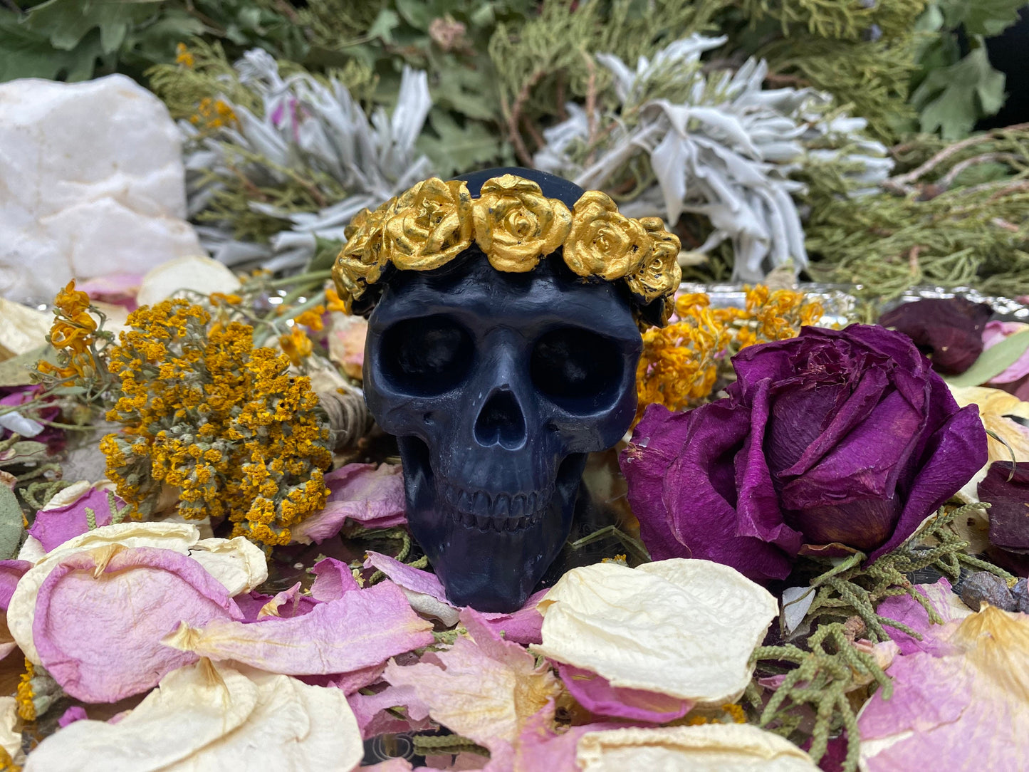 Skull Candle with Gold Roses + Hand Painted