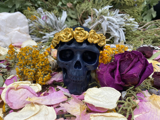 Skull Candle with Gold Roses + Hand Painted