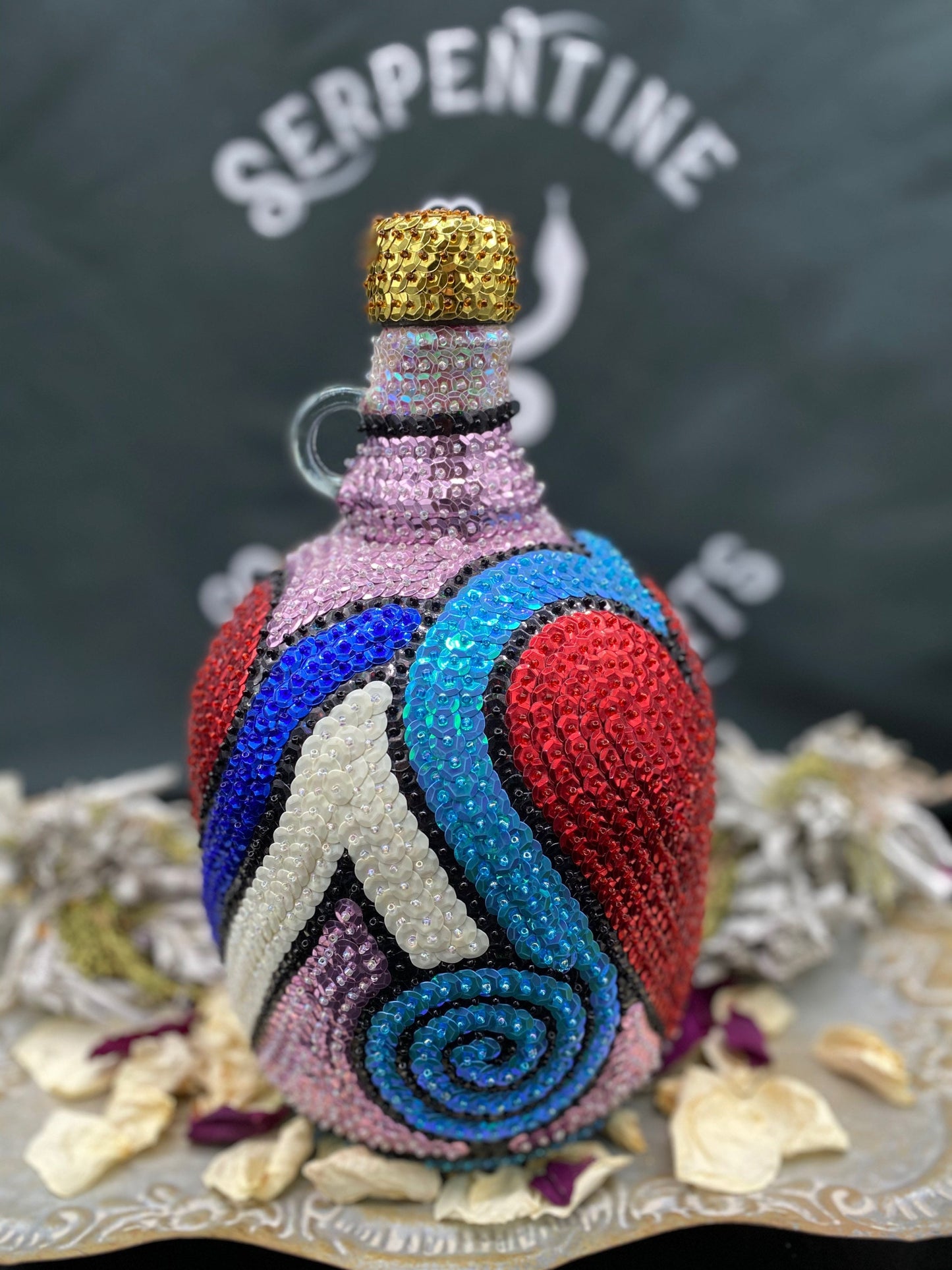 Ezili Freda + Erzulie Freda + Sequined Boutey / Bottle + Made in Haiti + Haitian Spiritual Art + One of a Kind