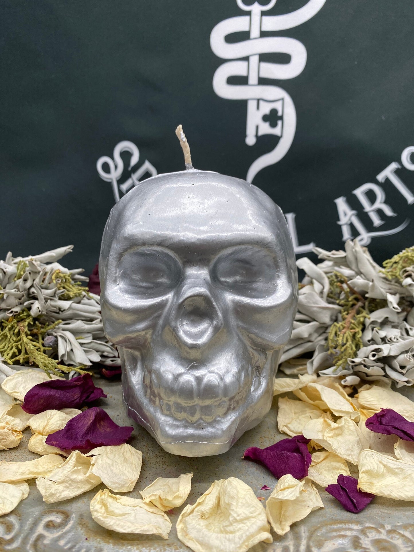 Large Metallic Skull Candle